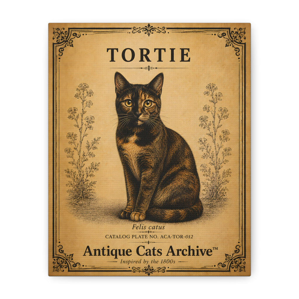 Tortie Cat Antique-Style Canvas Print — Vintage 'Antique Cats Archive' Wall Art