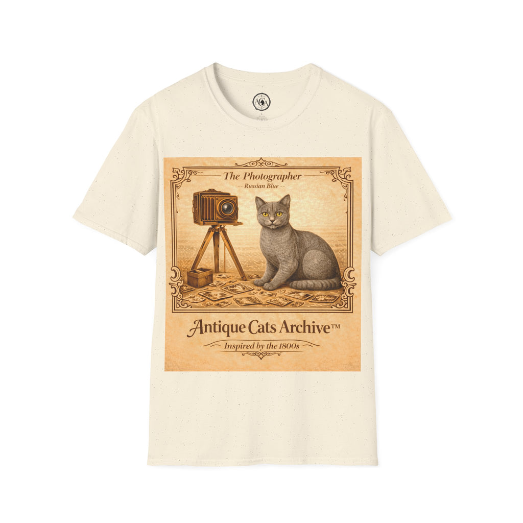 Antique Cats Archive™ Entry No. ACA-019-PHO “The Photographer” Russian Blue Cat T-Shirt – Vintage 1800s Engraving Style