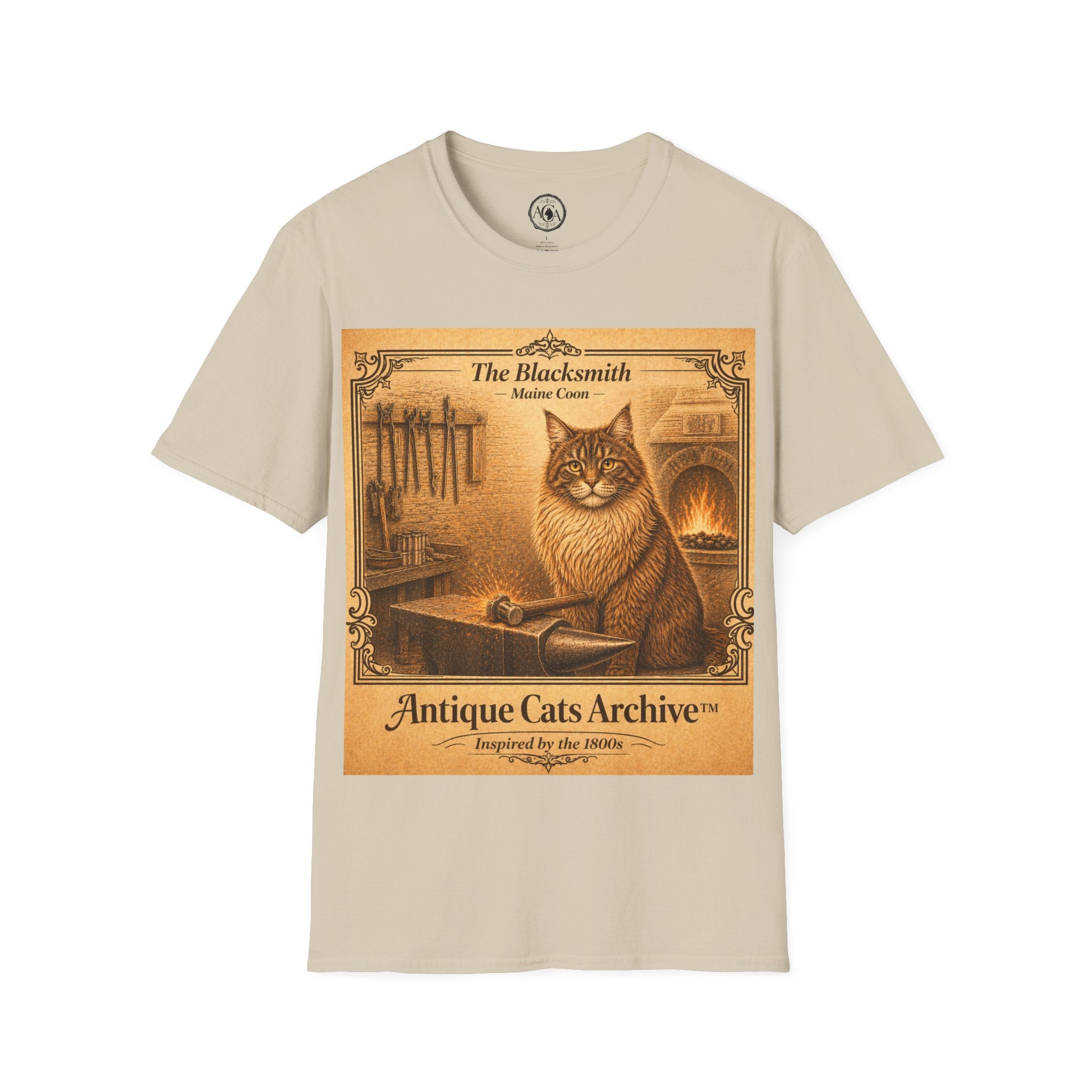 Antique Cats Archive™ Entry No. ACA-007-BLK “The Blacksmith” Maine Coon Cat T-Shirt – Vintage 1800s Engraving Style