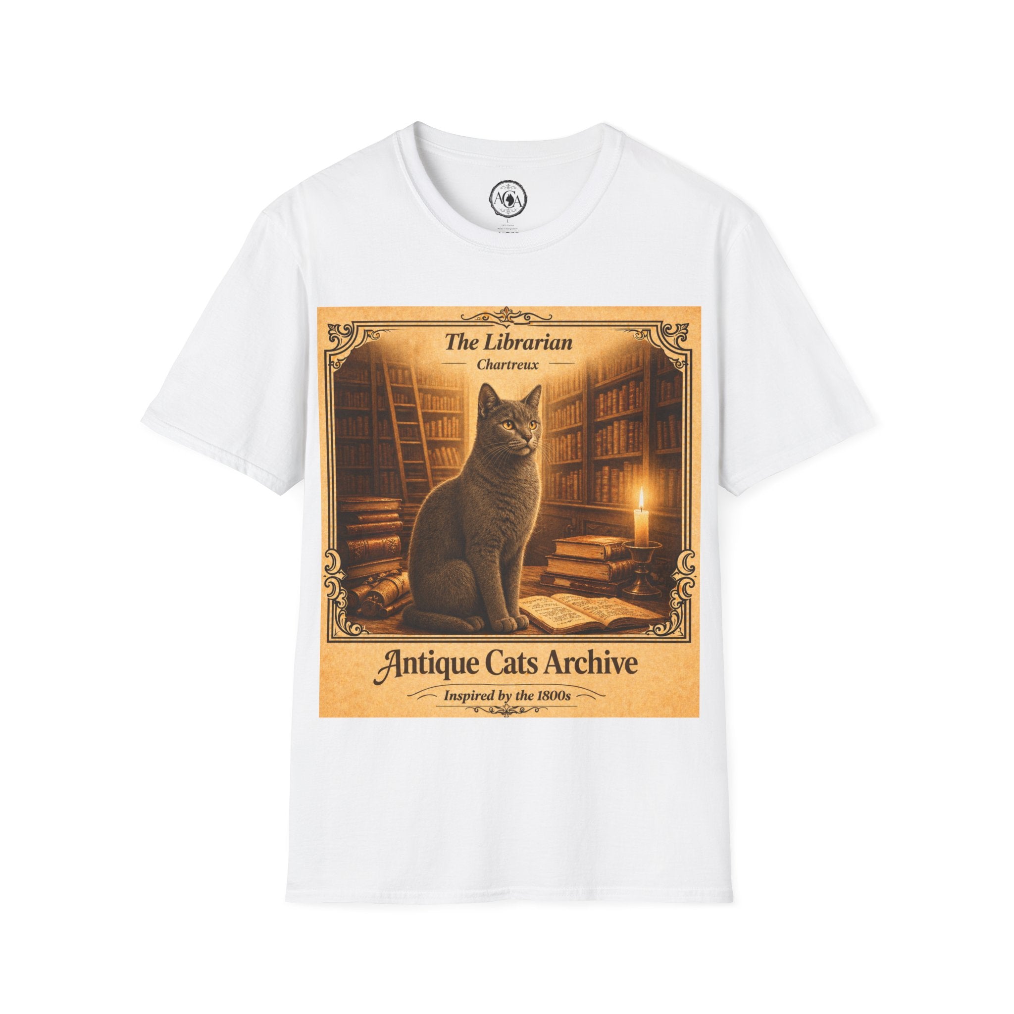 Antique Cats Archive™ Entry No. ACA-015-FND “The Librarian” Tabby Cat T-Shirt – Vintage 1800s Engraving Style