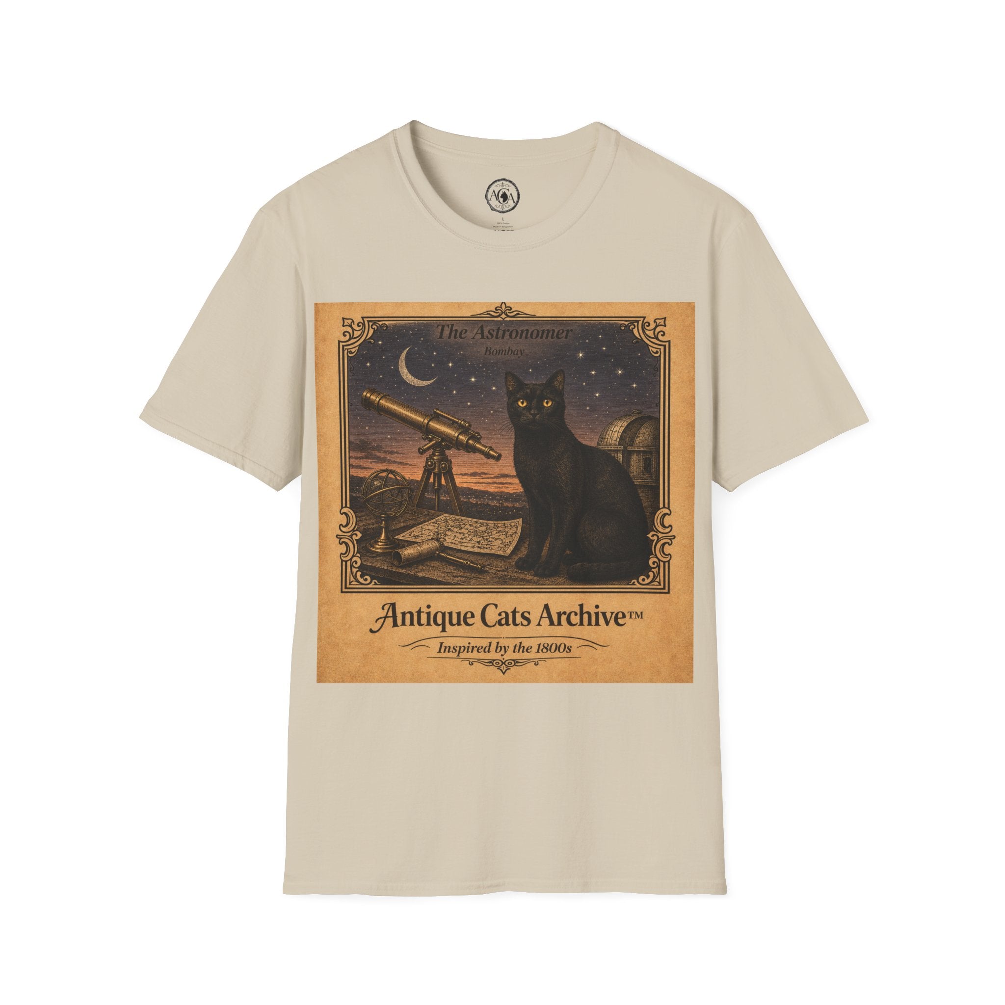 Antique Cats Archive™ Entry No. ACA-004-AST “The Astronomer” Bombay Cat T-Shirt – Vintage 1800s Engraving Style