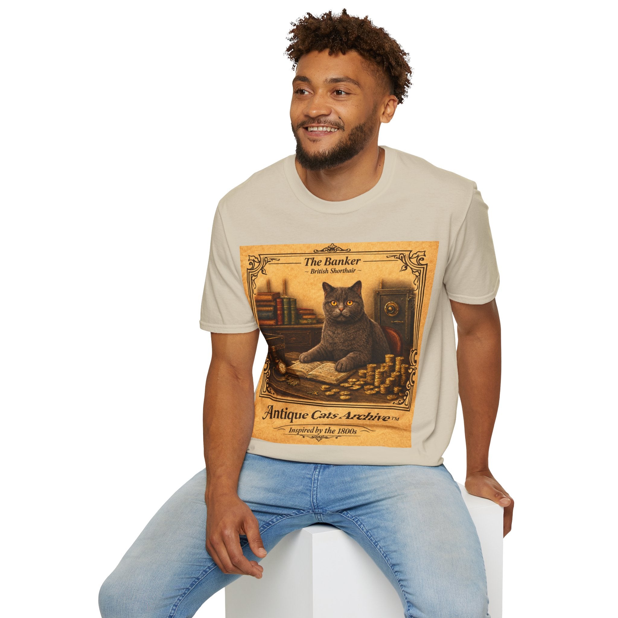 Antique Cats Archive™ Entry No. ACA-006-BNK “The Banker” British Shorthair Cat T-Shirt – Vintage 1800s Engraving Style