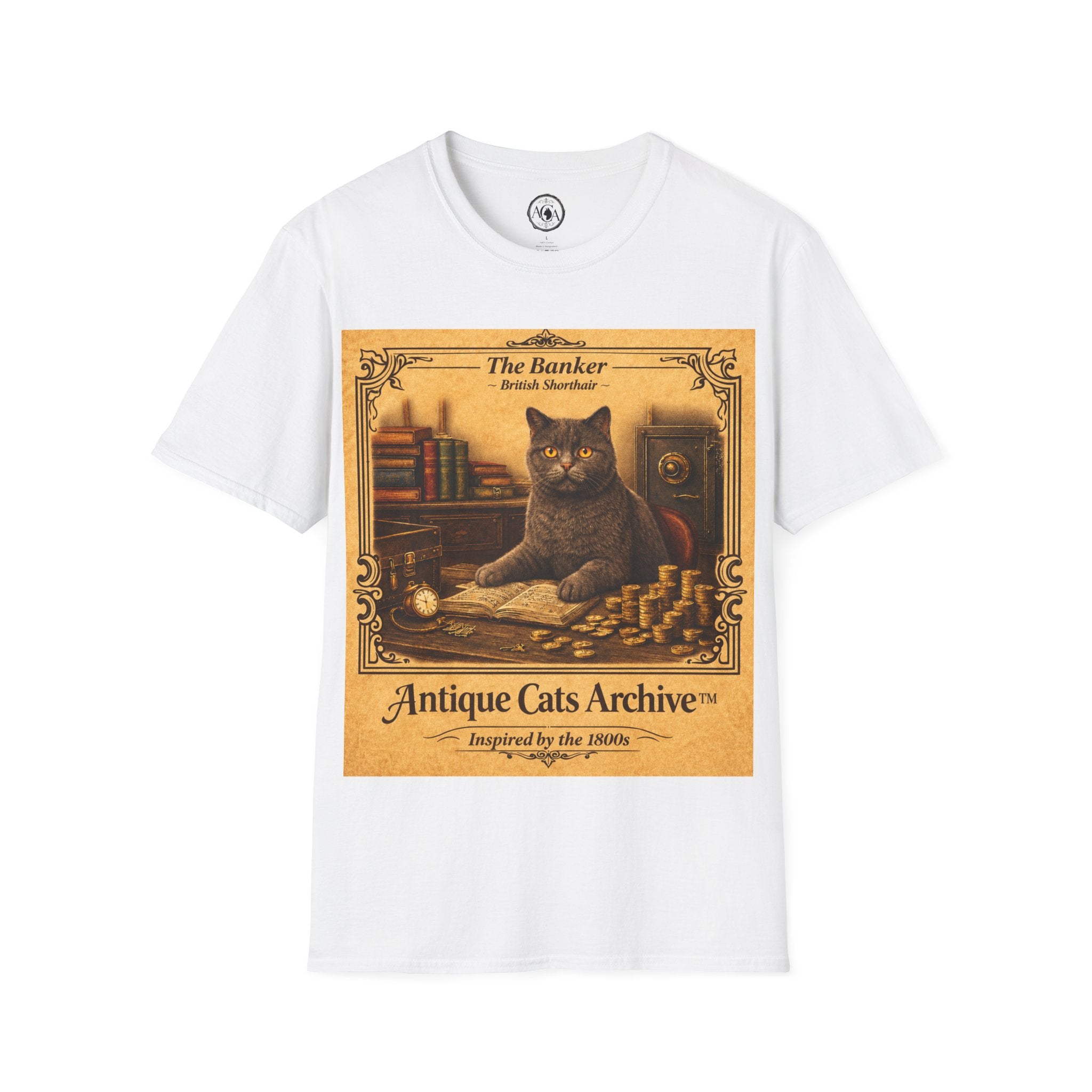 Antique Cats Archive™ Entry No. ACA-006-BNK “The Banker” British Shorthair Cat T-Shirt – Vintage 1800s Engraving Style