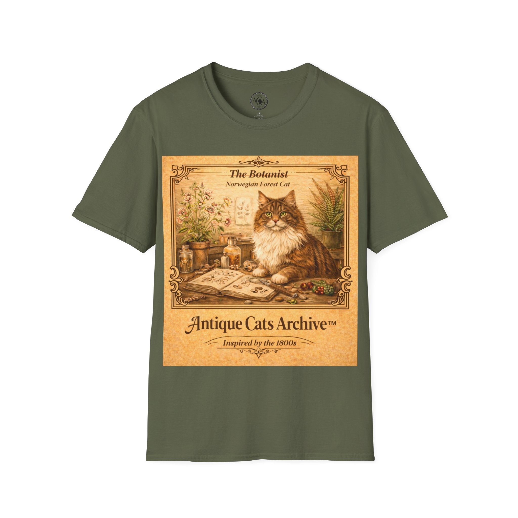 Antique Cats Archive™ Entry No. ACA-008-BOT “The Botanist” Norwegian Forest Cat T-Shirt – Vintage 1800s Engraving Style