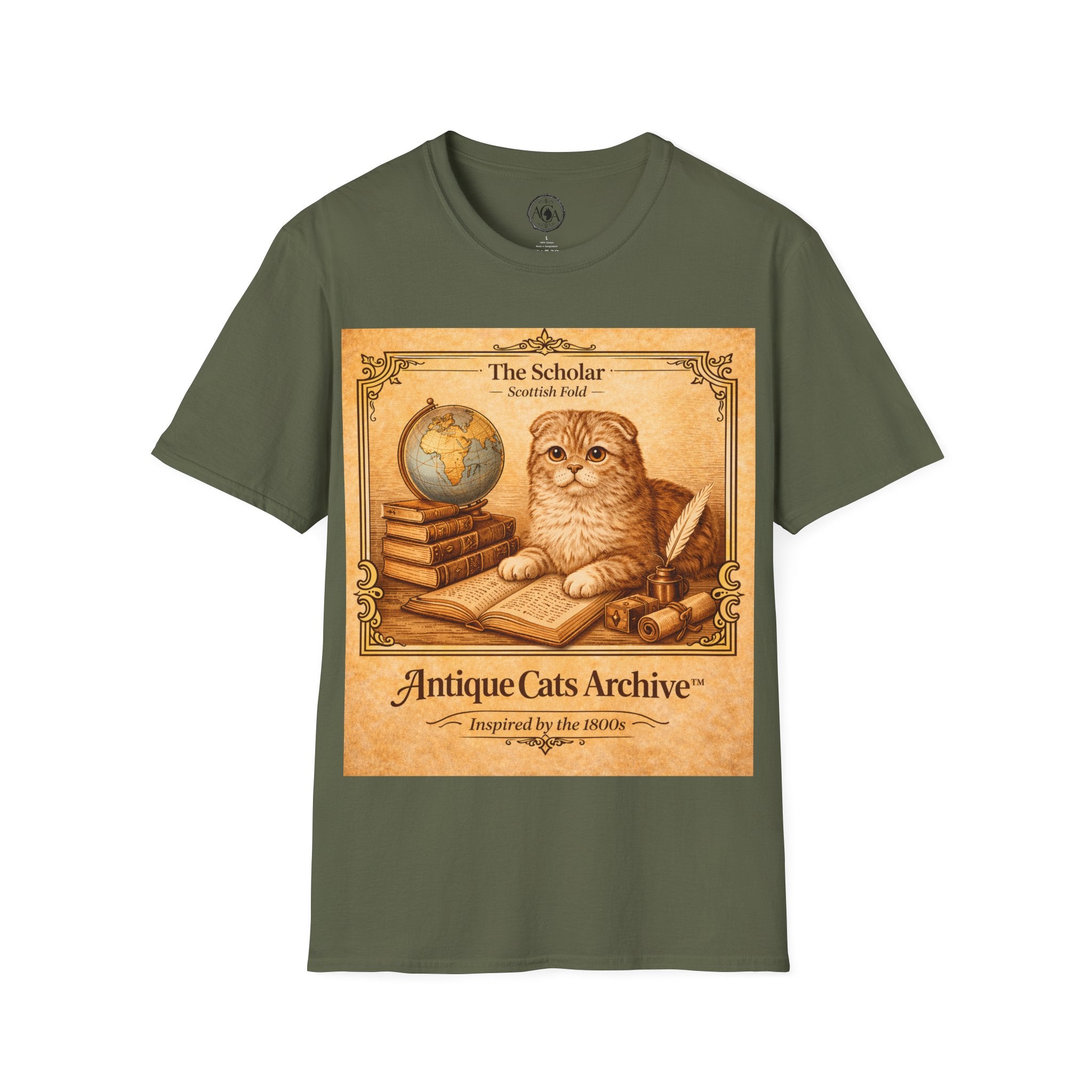 Antique Cats Archive™ Entry No. ACA-022-SCH “The Scholar” Scottish Fold Cat T-Shirt – Vintage 1800s Engraving Style