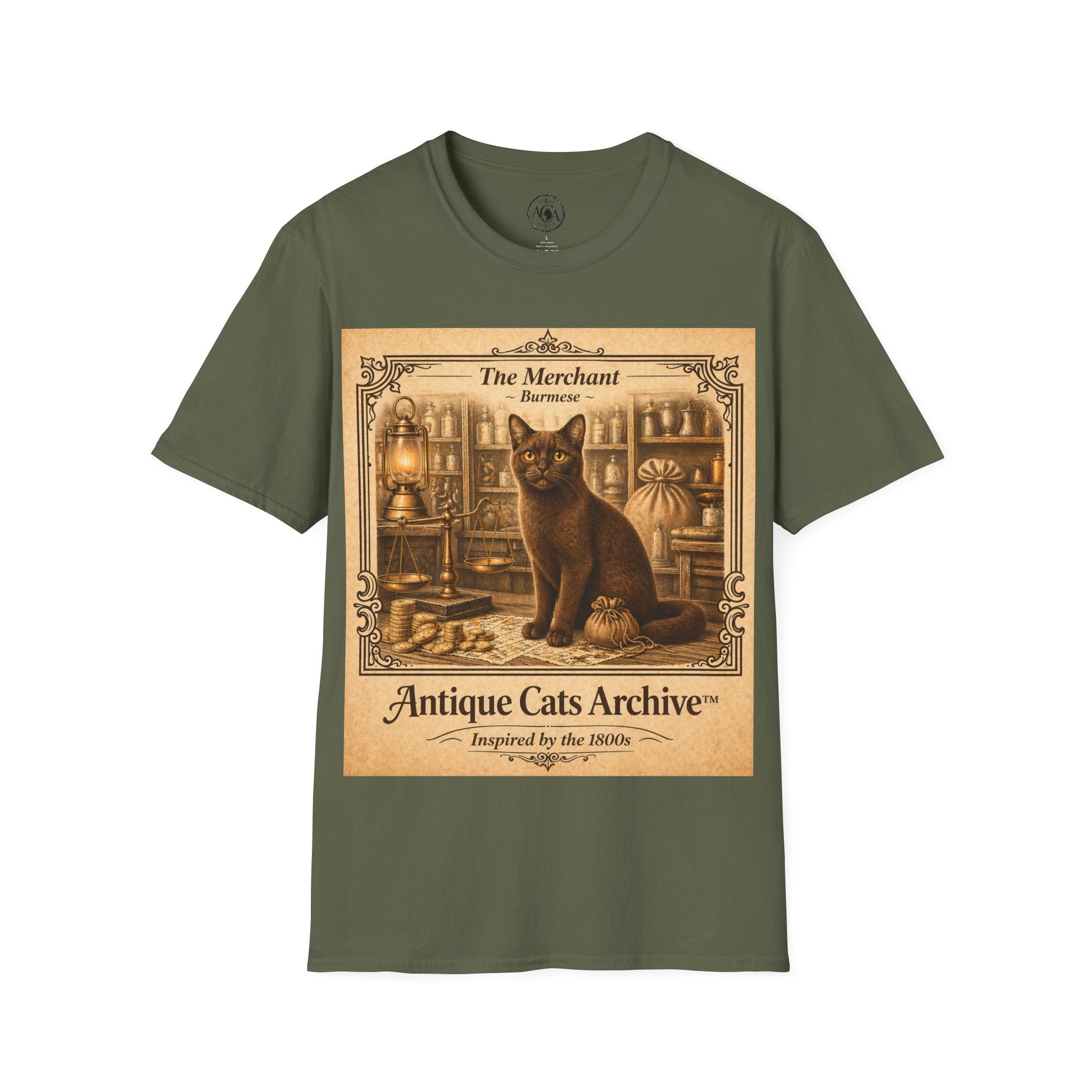 Antique Cats Archive™ Entry No. ACA-017-MER “The Merchant” Burmese Cat T-Shirt – Vintage 1800s Engraving Style