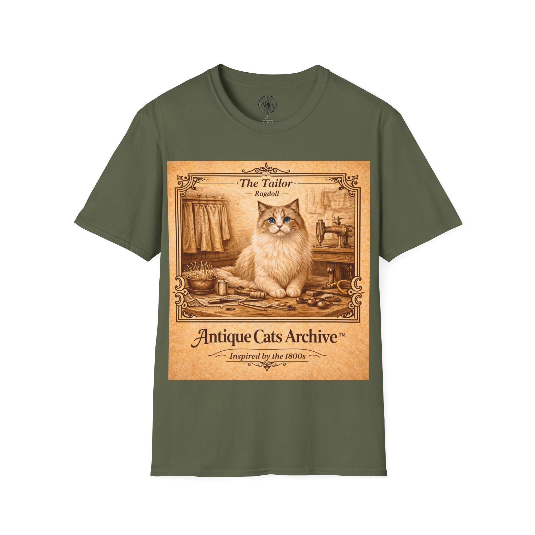 Antique Cats Archive™ Entry No. ACA-023-TLR “The Tailor” Ragdoll Cat T-Shirt – 1800s Engraving Style