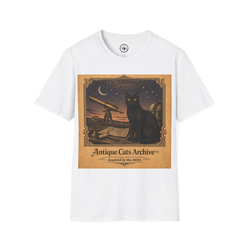 Antique Cats Archive™ Entry No. ACA-004-AST “The Astronomer” Bombay Cat T-Shirt – Vintage 1800s Engraving Style