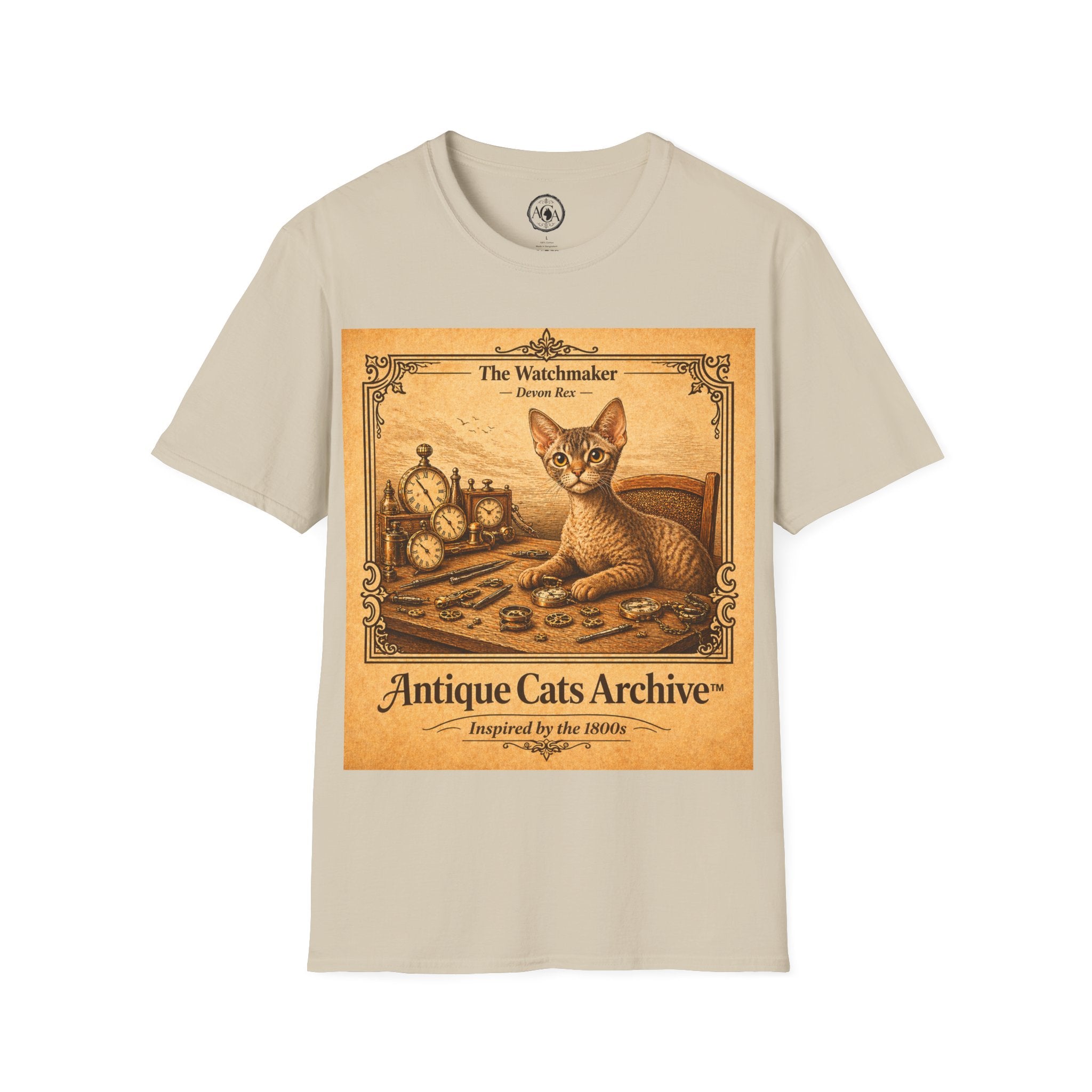 Antique Cats Archive™ Entry No. ACA-025-WAT “The Watchmaker” Devon Rex Cat T-Shirt – 1800s Engraving Style