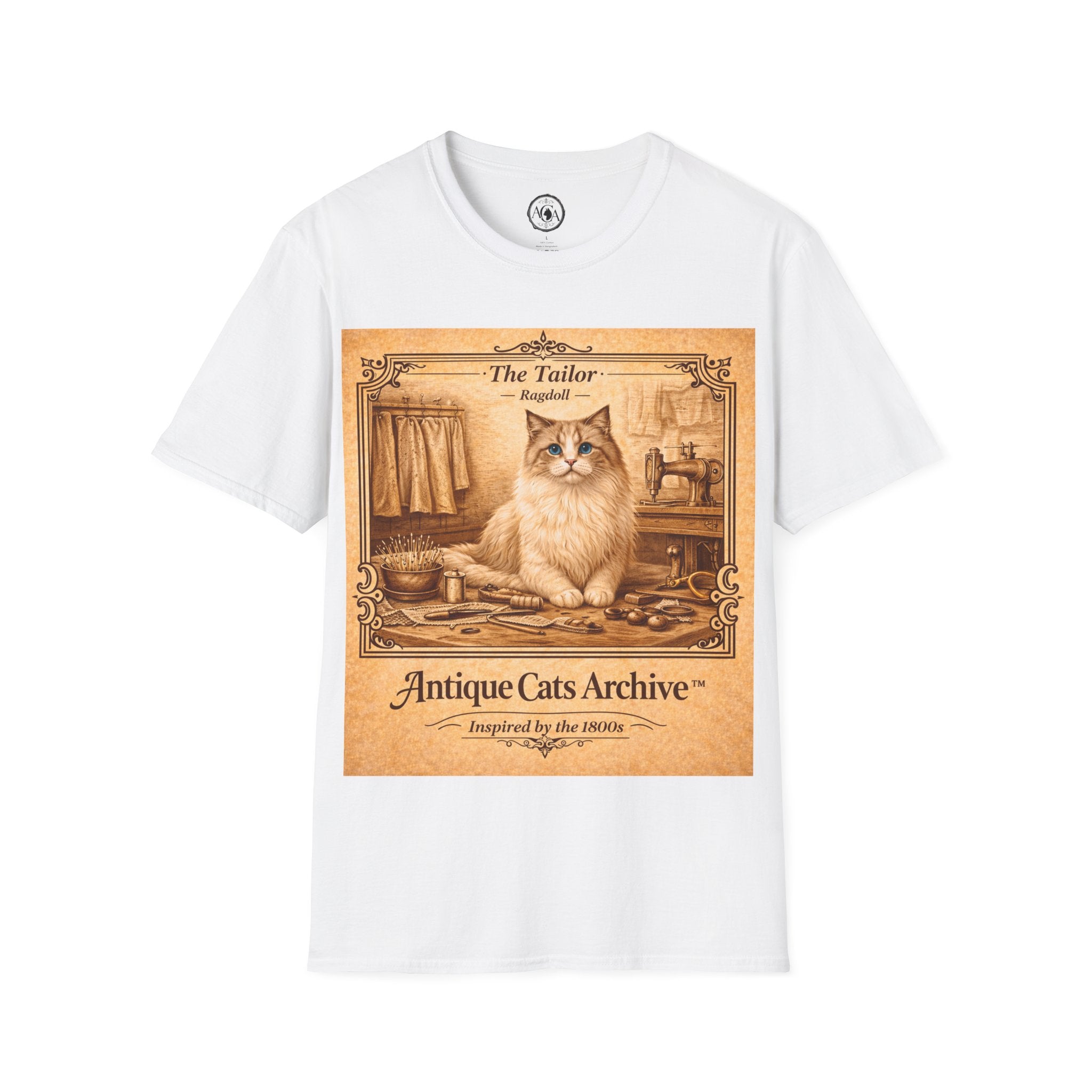 Antique Cats Archive™ Entry No. ACA-023-TLR “The Tailor” Ragdoll Cat T-Shirt – 1800s Engraving Style