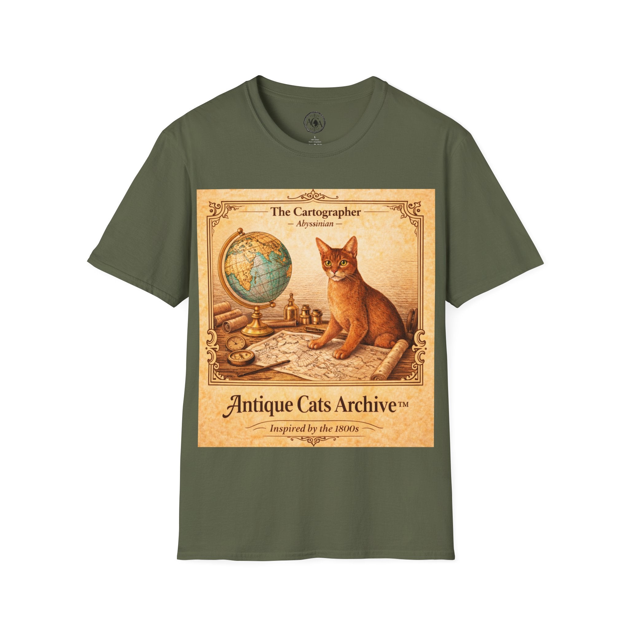 Antique Cats Archive™ Entry No. ACA-009-CAR “The Cartographer” Abyssinian Cat T-Shirt – Vintage 1800s Engraving Style