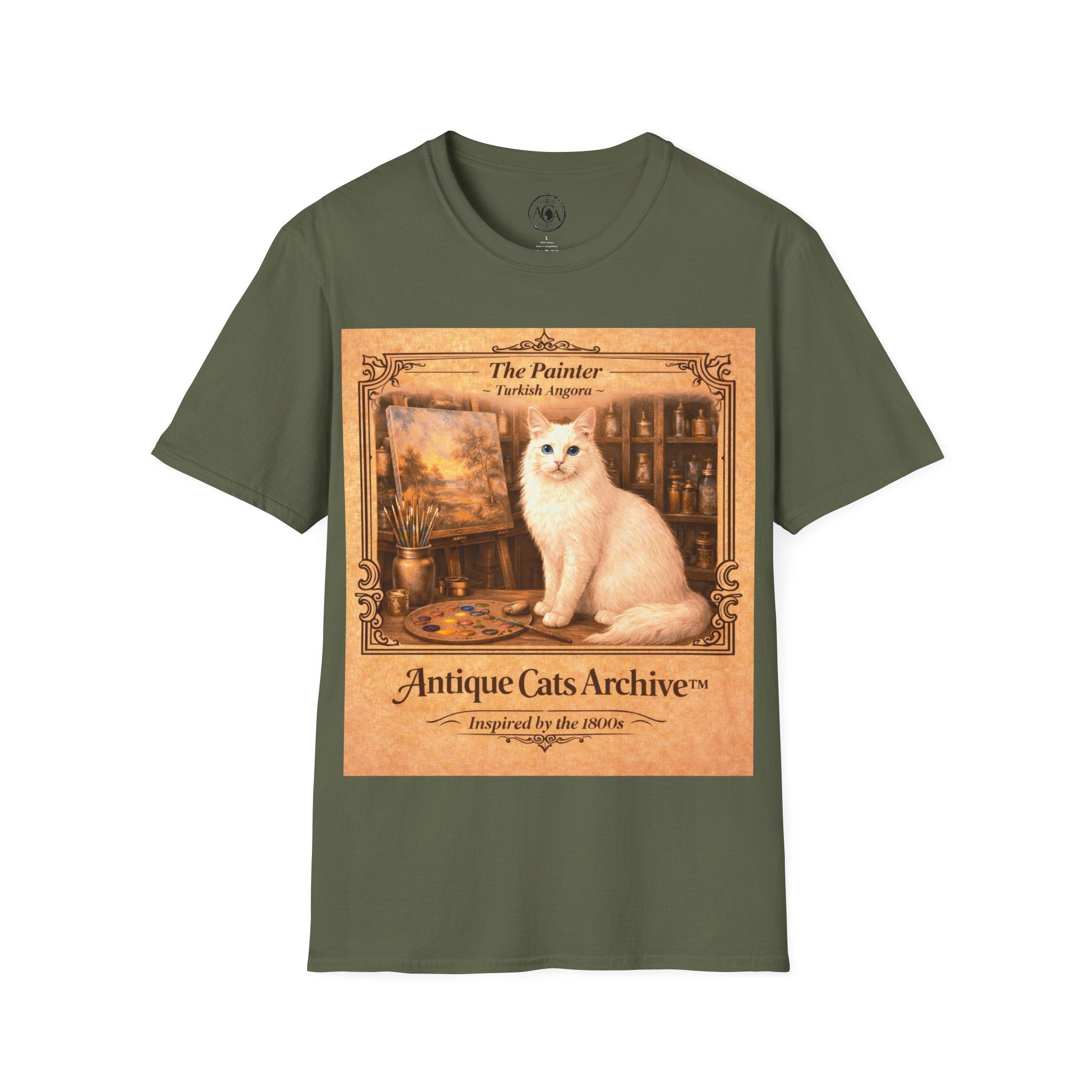 Antique Cats Archive™ Entry No. ACA-018-PNT “The Painter” Turkish Angora Cat T-Shirt – Vintage 1800s Engraving Style