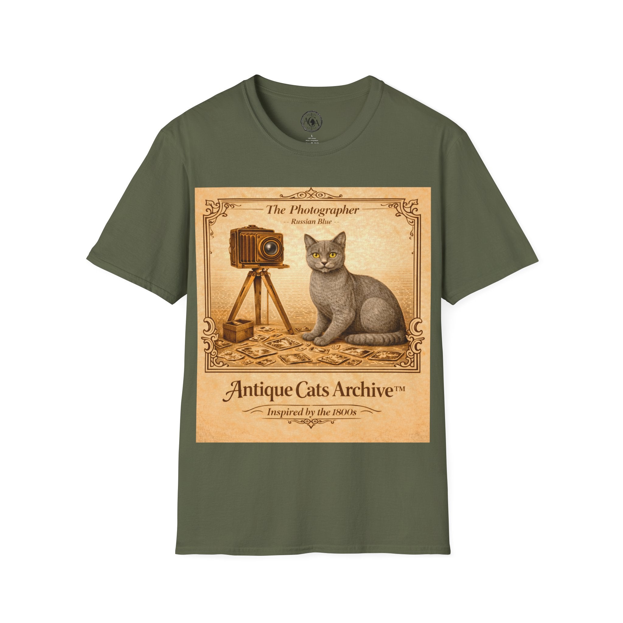 Antique Cats Archive™ Entry No. ACA-019-PHO “The Photographer” Russian Blue Cat T-Shirt – Vintage 1800s Engraving Style