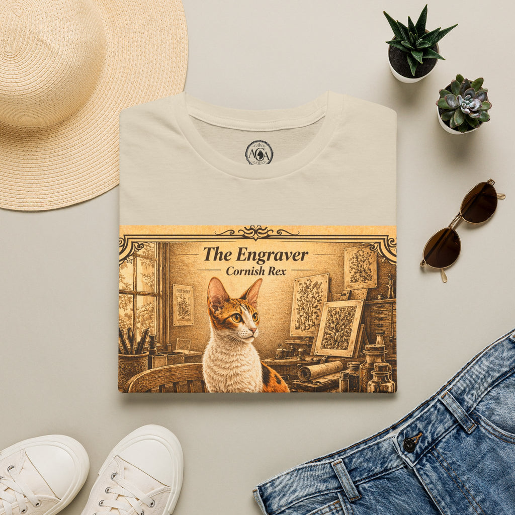 Antique Cats Archive™ Entry No. ACA-013-FND “The Engraver” Tabby Cat T-Shirt – Vintage 1800s Engraving Style