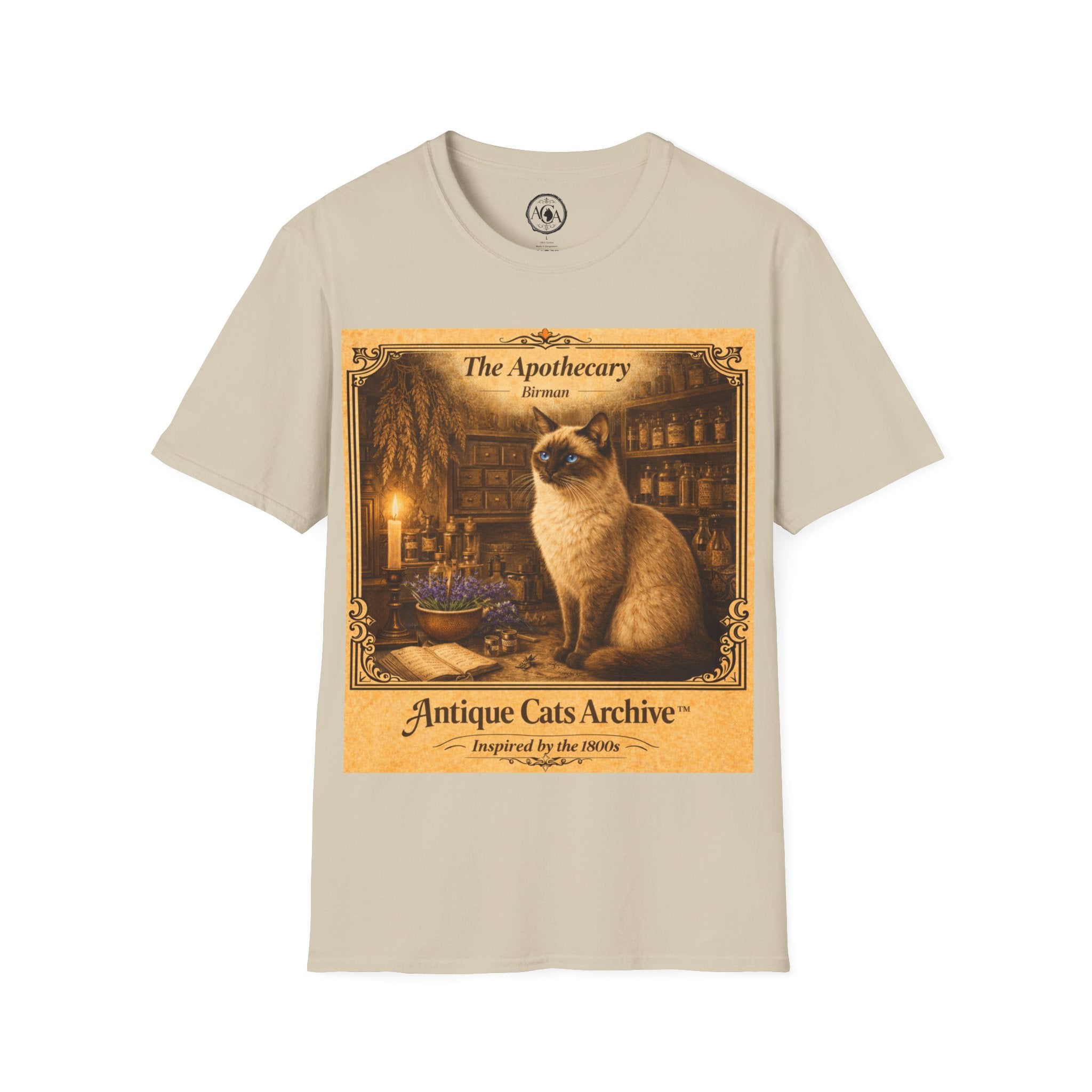 Antique Cats Archive™ Entry No. ACA-003-ALC “The Apothecary” Birman Cat T-Shirt – Vintage 1800s Engraving Style