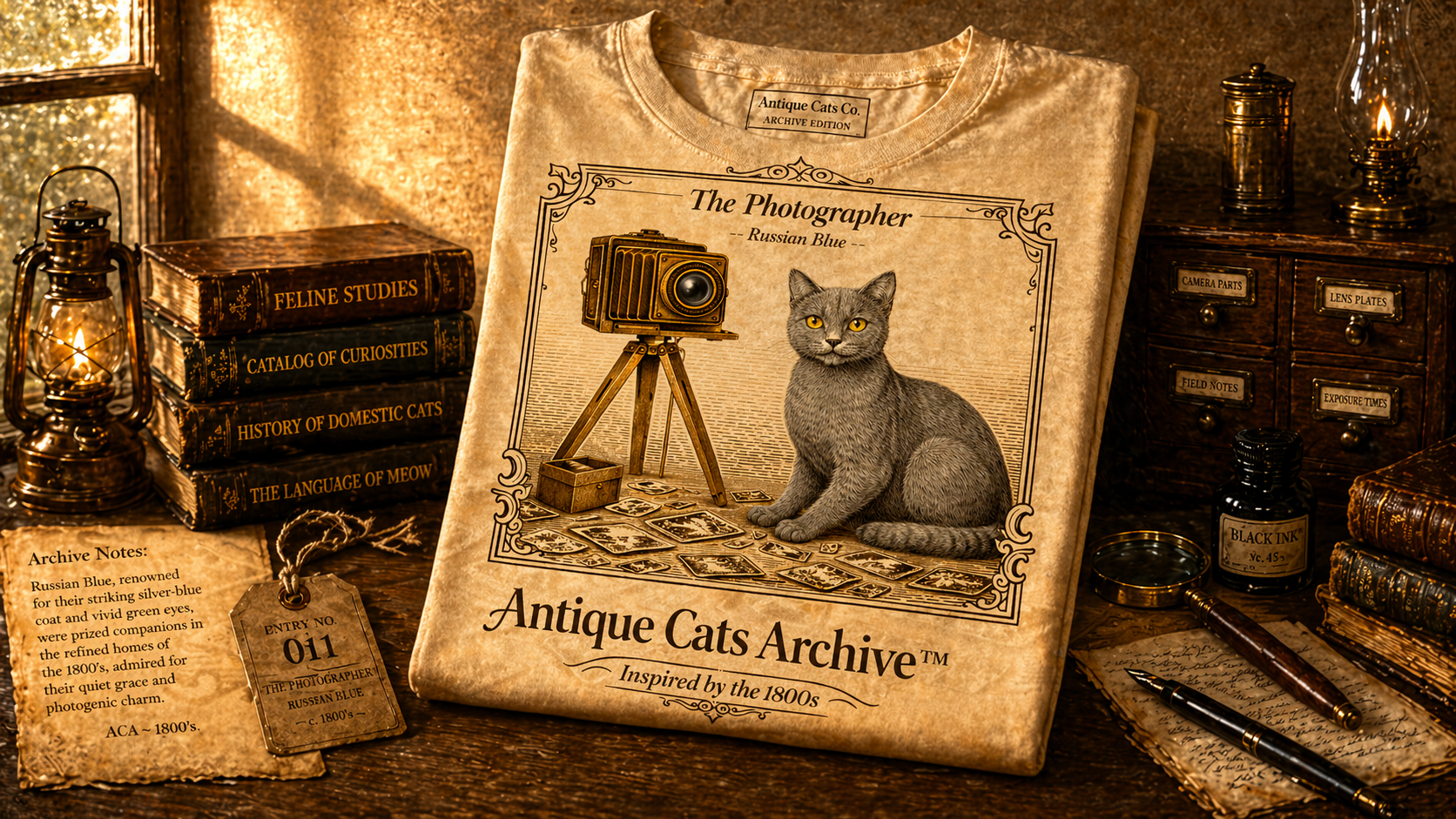 Antique Cats Archive™ Entry No. ACA-019-PHO “The Photographer” Russian Blue Cat T-Shirt – Vintage 1800s Engraving Style