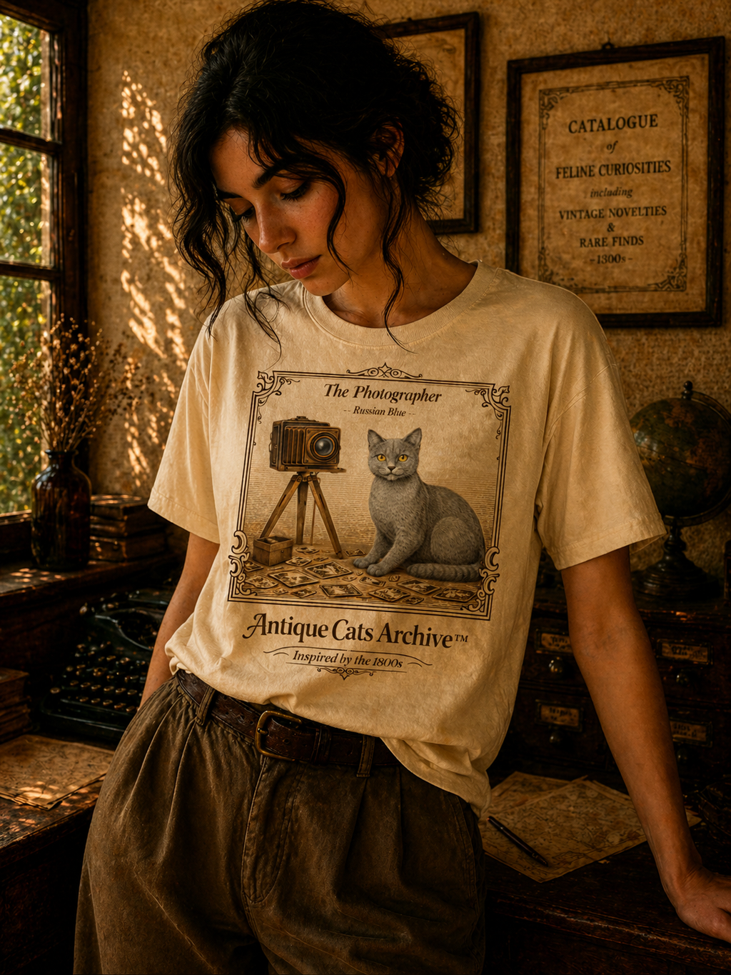 Antique Cats Archive™ Entry No. ACA-019-PHO “The Photographer” Russian Blue Cat T-Shirt – Vintage 1800s Engraving Style