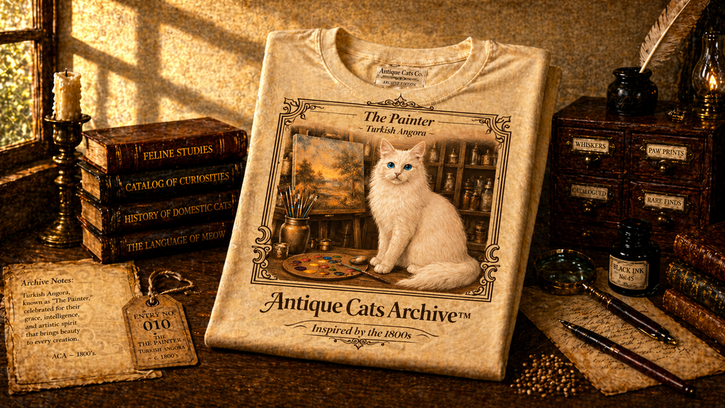 Antique Cats Archive™ Entry No. ACA-018-PNT “The Painter” Turkish Angora Cat T-Shirt – Vintage 1800s Engraving Style