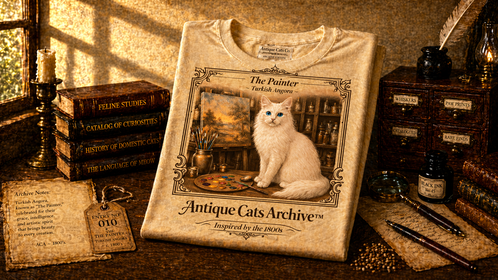 Antique Cats Archive™ Entry No. ACA-018-PNT “The Painter” Turkish Angora Cat T-Shirt – Vintage 1800s Engraving Style