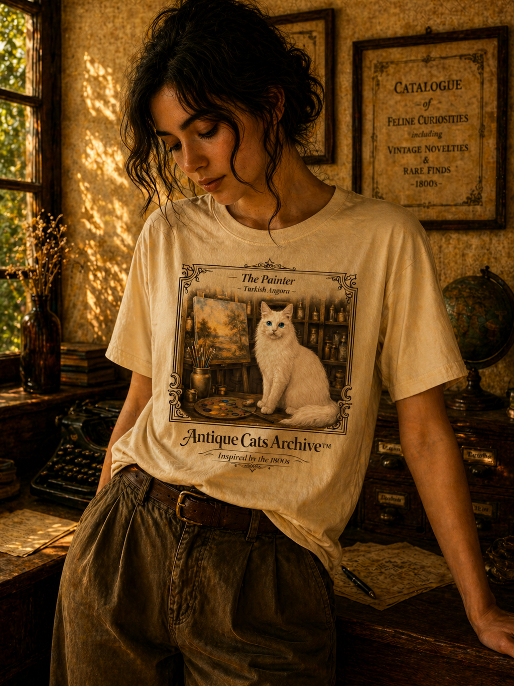 Antique Cats Archive™ Entry No. ACA-018-PNT “The Painter” Turkish Angora Cat T-Shirt – Vintage 1800s Engraving Style