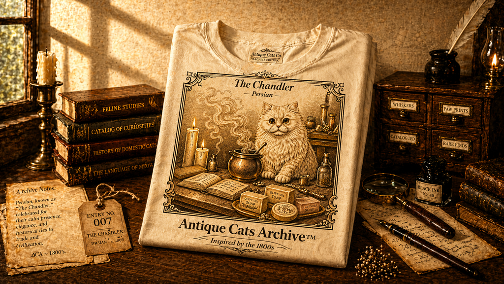 Antique Cats Archive™ Entry No. ACA-010-CHN “The Chandler” Persian Cat T-Shirt – Vintage 1800s Engraving Style