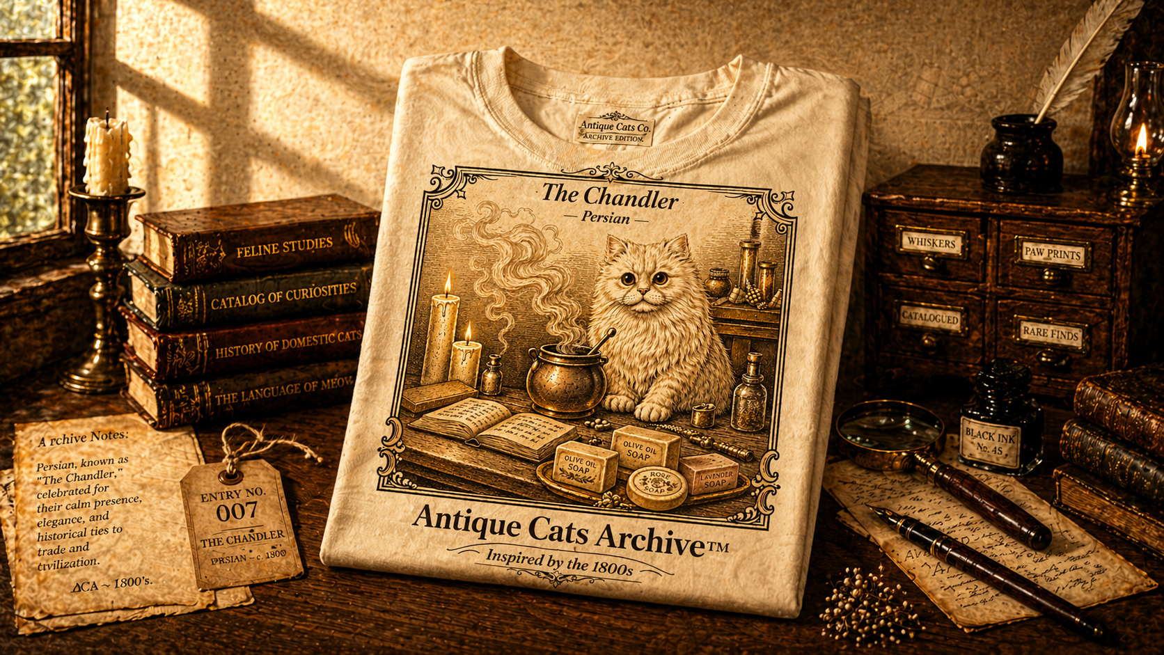 Antique Cats Archive™ Entry No. ACA-010-CHN “The Chandler” Persian Cat T-Shirt – Vintage 1800s Engraving Style