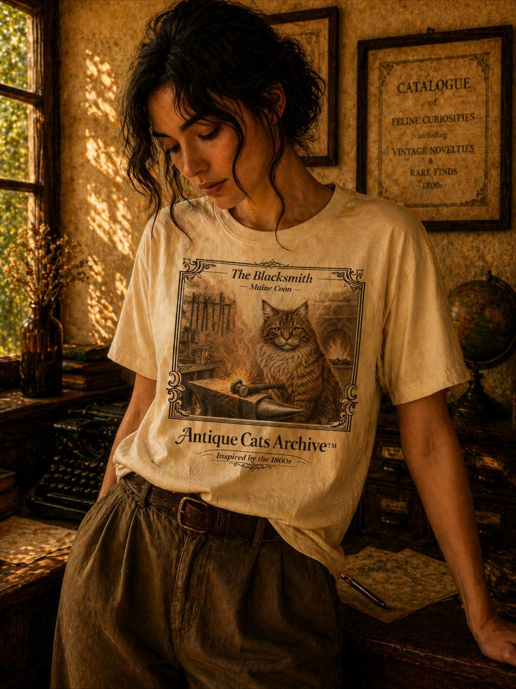 Antique Cats Archive™ Entry No. ACA-007-BLK “The Blacksmith” Maine Coon Cat T-Shirt – Vintage 1800s Engraving Style
