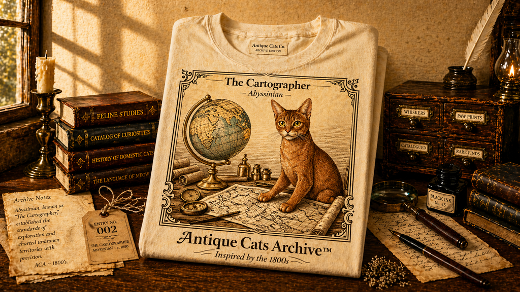 Antique Cats Archive™ Entry No. ACA-009-CAR “The Cartographer” Abyssinian Cat T-Shirt – Vintage 1800s Engraving Style