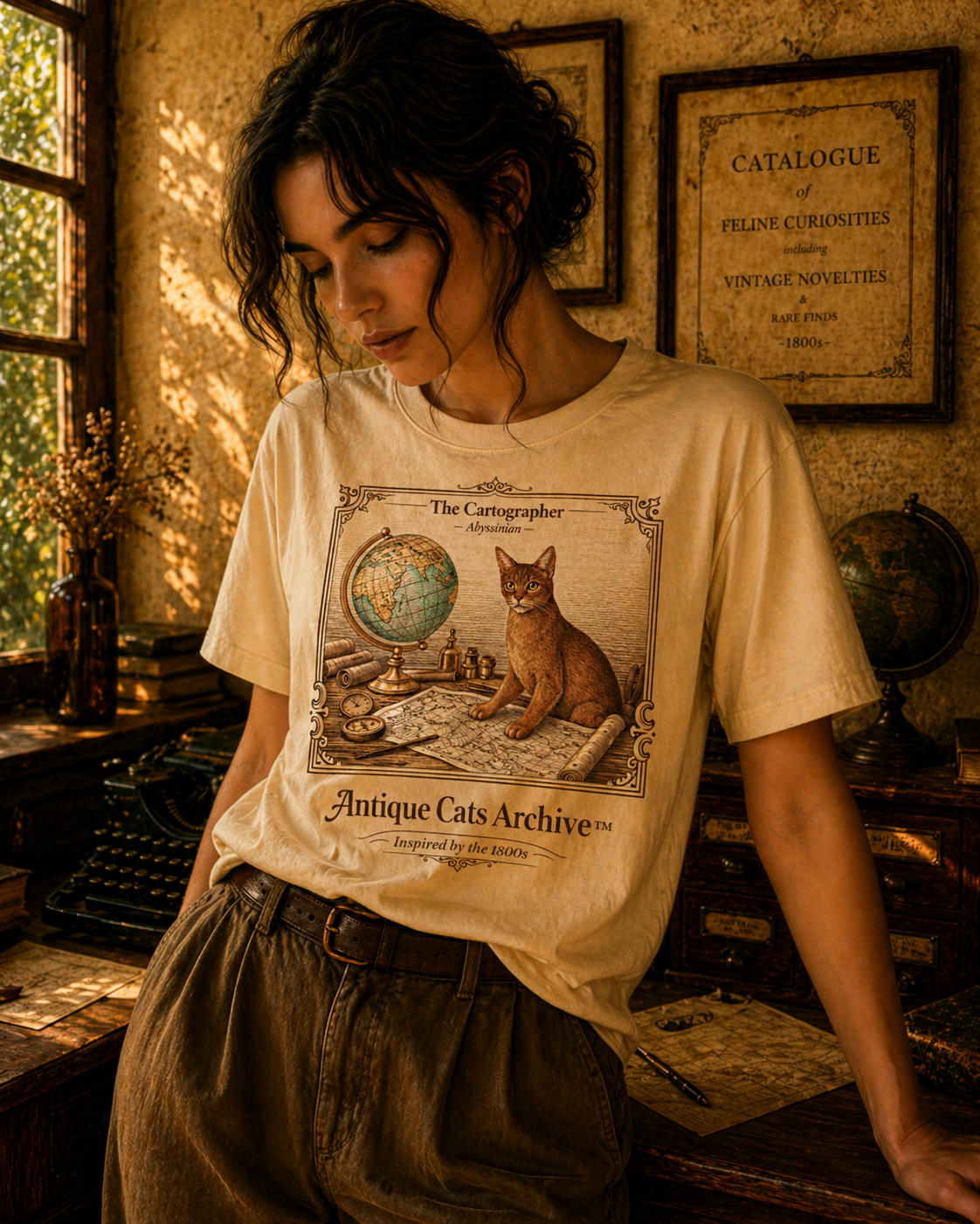 Antique Cats Archive™ Entry No. ACA-009-CAR “The Cartographer” Abyssinian Cat T-Shirt – Vintage 1800s Engraving Style