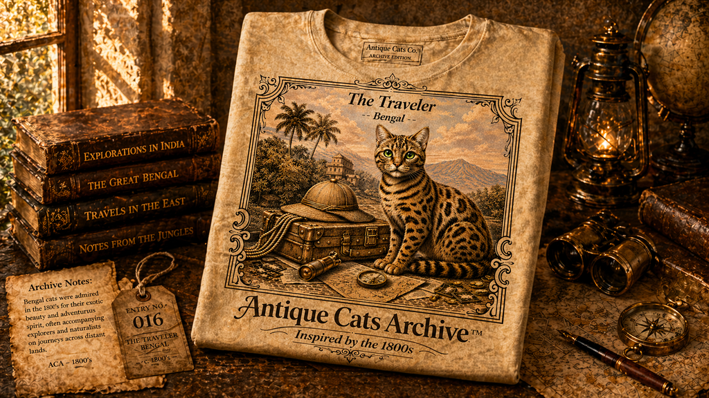 Antique Cats Archive™ Entry No. ACA-024-TRV “The Traveler” Bengal Cat T-Shirt – Vintage 1800s Engraving Style