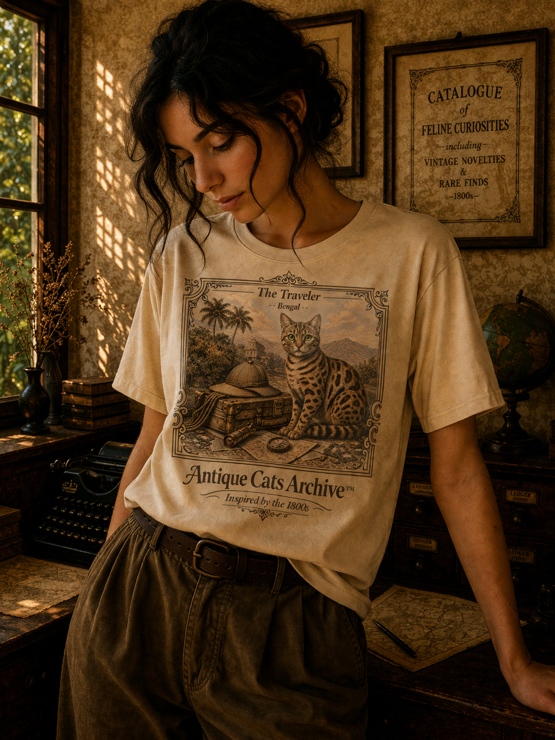 Antique Cats Archive™ Entry No. ACA-024-TRV “The Traveler” Bengal Cat T-Shirt – Vintage 1800s Engraving Style
