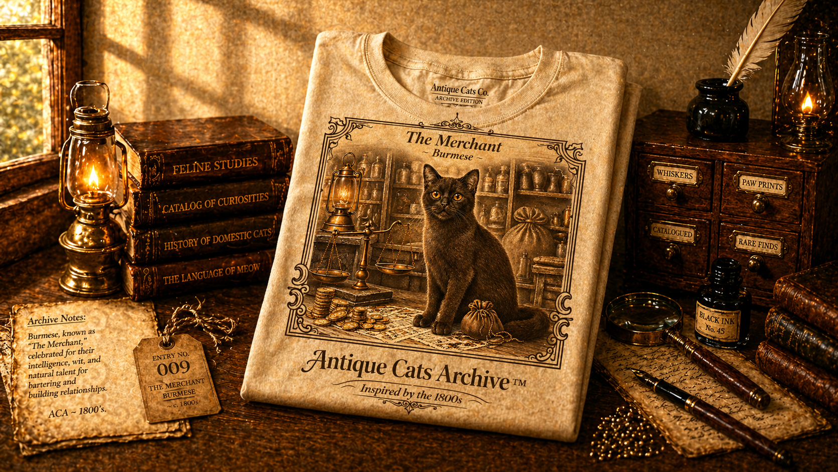 Antique Cats Archive™ Entry No. ACA-017-MER “The Merchant” Burmese Cat T-Shirt – Vintage 1800s Engraving Style