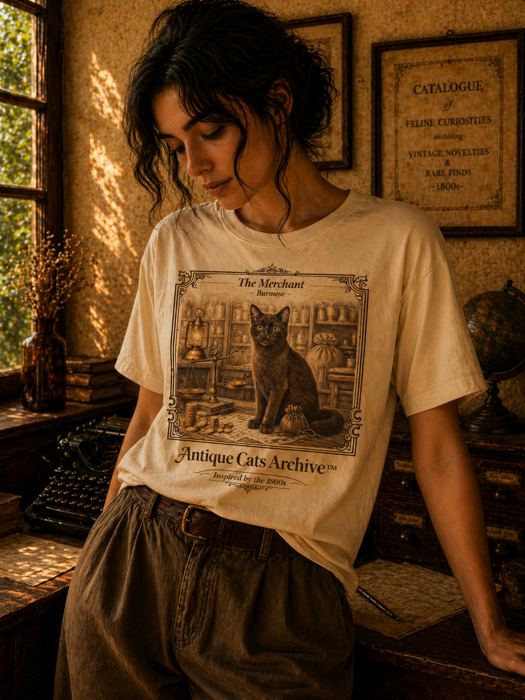 Antique Cats Archive™ Entry No. ACA-017-MER “The Merchant” Burmese Cat T-Shirt – Vintage 1800s Engraving Style