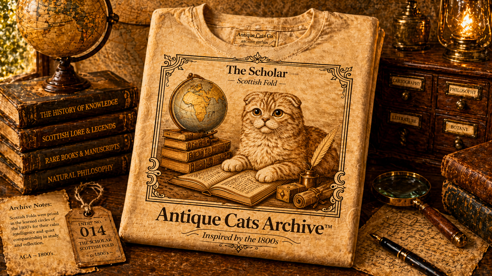 Antique Cats Archive™ Entry No. ACA-022-SCH “The Scholar” Scottish Fold Cat T-Shirt – Vintage 1800s Engraving Style