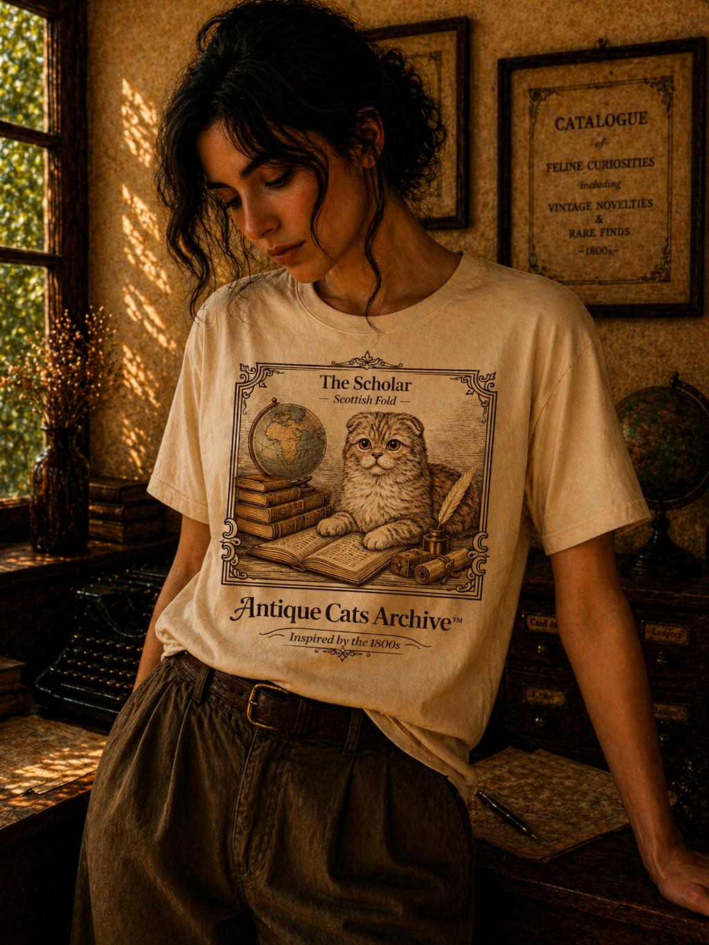 Antique Cats Archive™ Entry No. ACA-022-SCH “The Scholar” Scottish Fold Cat T-Shirt – Vintage 1800s Engraving Style