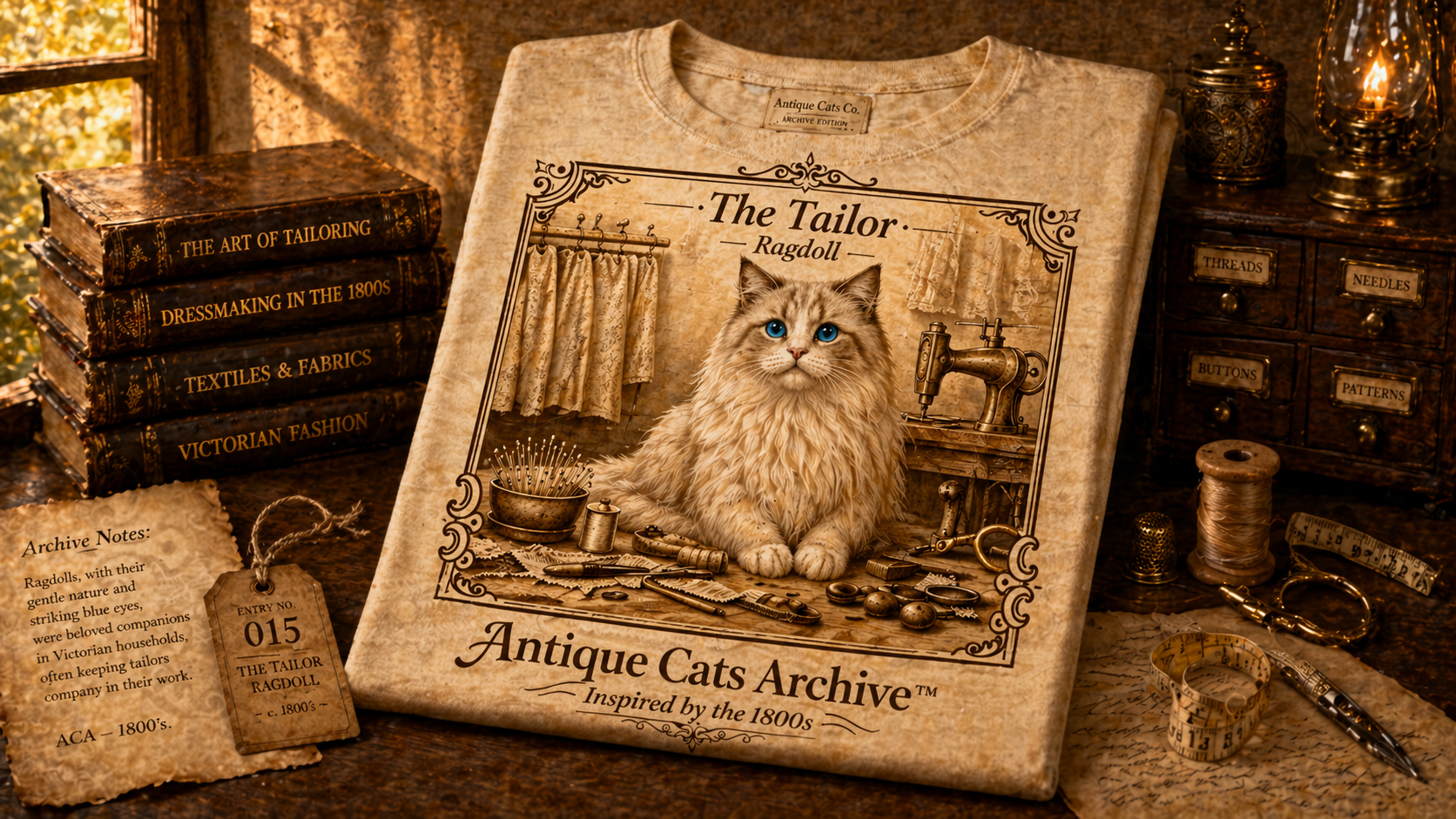 Antique Cats Archive™ Entry No. ACA-023-TLR “The Tailor” Ragdoll Cat T-Shirt – 1800s Engraving Style