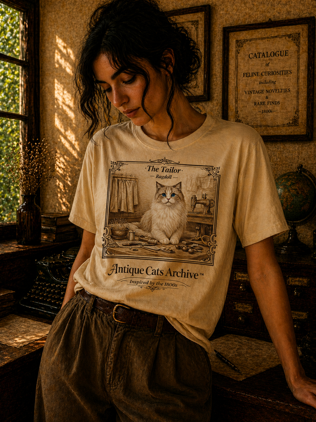 Antique Cats Archive™ Entry No. ACA-023-TLR “The Tailor” Ragdoll Cat T-Shirt – 1800s Engraving Style