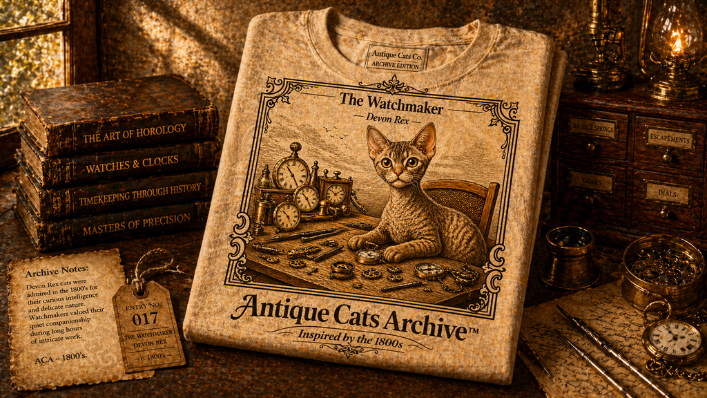 Antique Cats Archive™ Entry No. ACA-025-WAT “The Watchmaker” Devon Rex Cat T-Shirt – 1800s Engraving Style