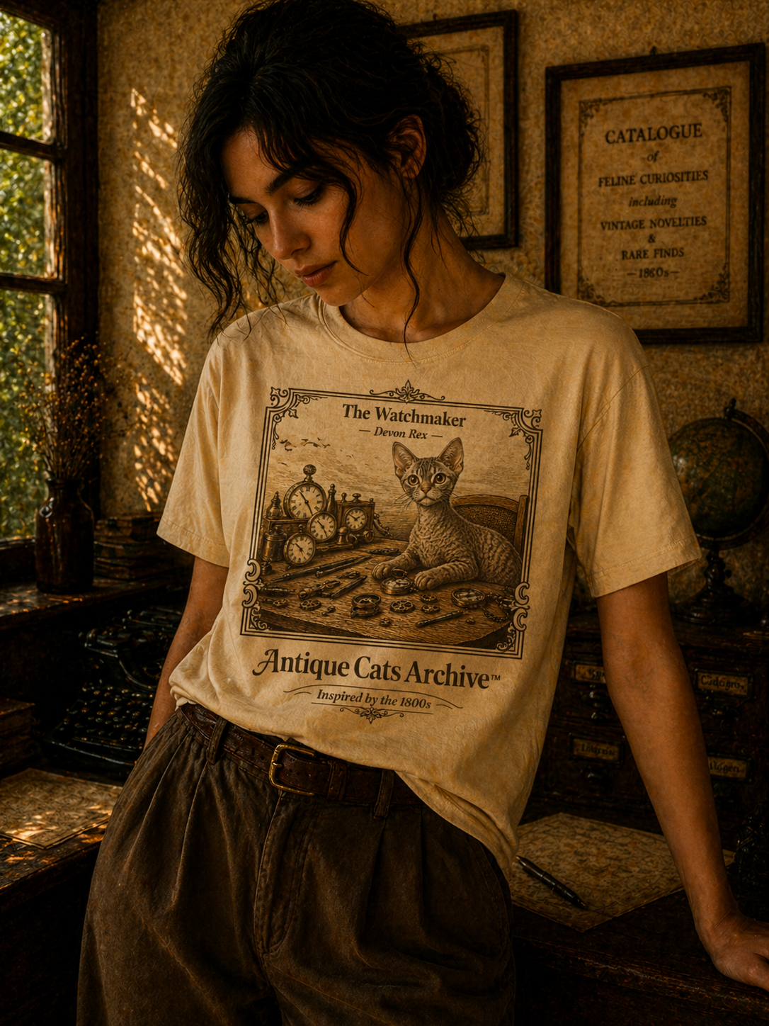 Antique Cats Archive™ Entry No. ACA-025-WAT “The Watchmaker” Devon Rex Cat T-Shirt – 1800s Engraving Style