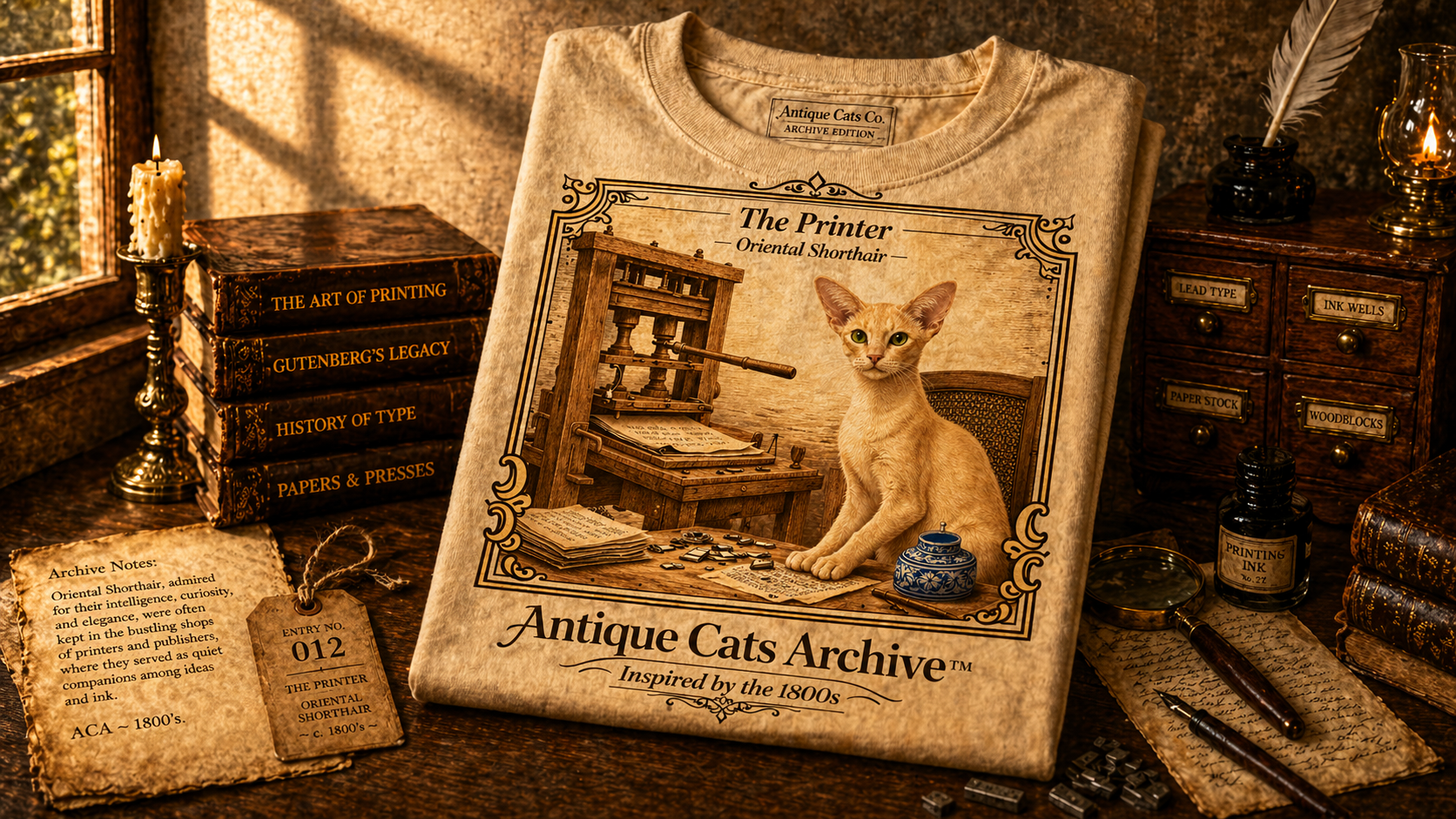 Antique Cats Archive™ Entry No. ACA-020-PRN “The Printer” Oriental Shorthair Cat T-Shirt – Vintage 1800s Engraving Style