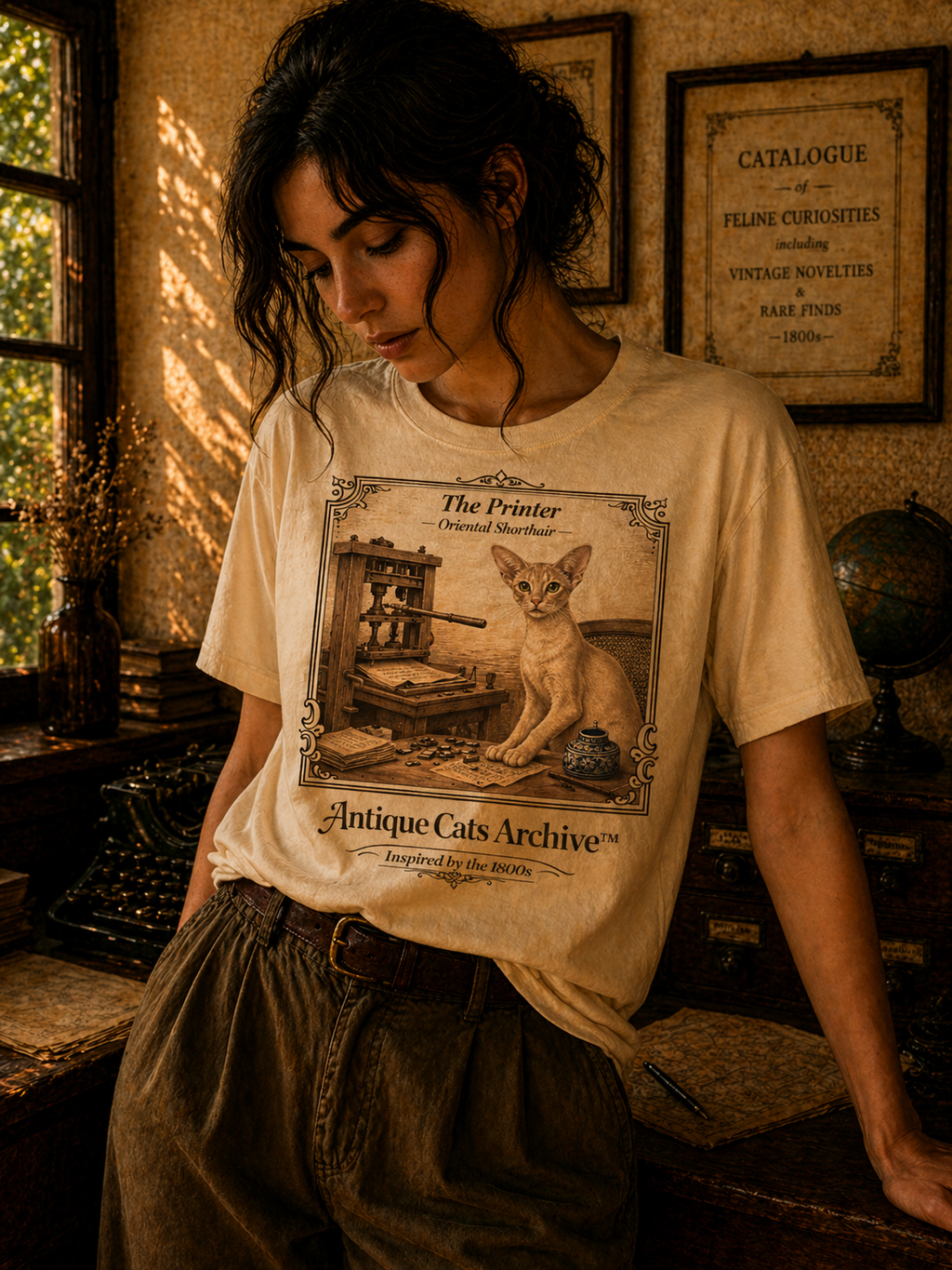 Antique Cats Archive™ Entry No. ACA-020-PRN “The Printer” Oriental Shorthair Cat T-Shirt – Vintage 1800s Engraving Style