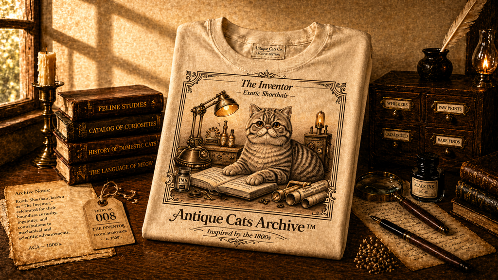 Antique Cats Archive™ Entry No. ACA-014-INV “The Inventor” Exotic Shorthair Cat T-Shirt – Vintage 1800s Engraving Style