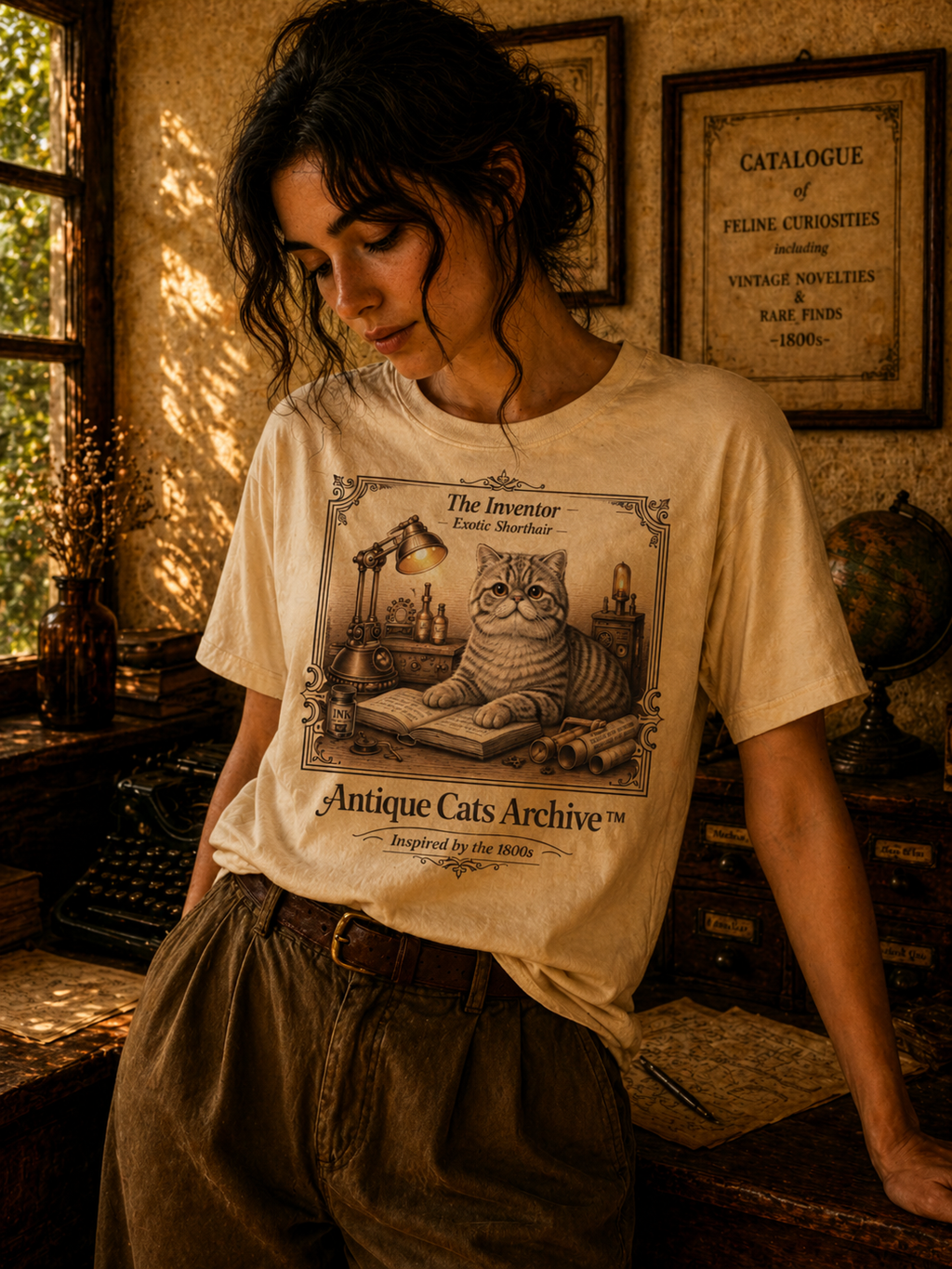 Antique Cats Archive™ Entry No. ACA-014-INV “The Inventor” Exotic Shorthair Cat T-Shirt – Vintage 1800s Engraving Style