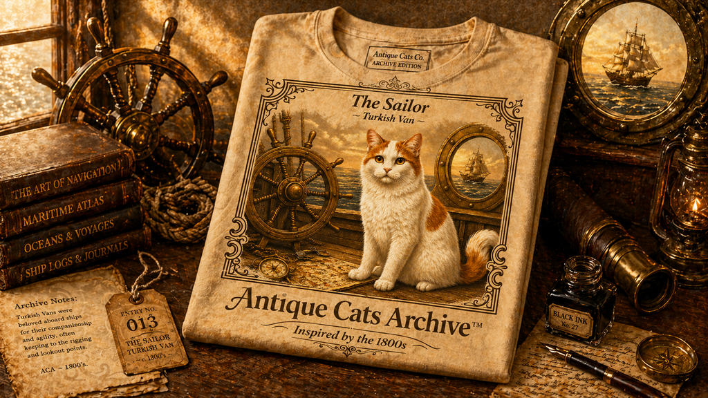 Antique Cats Archive™ Entry No. ACA-021-SAI “The Sailor” Turkish Van Cat T-Shirt – Vintage 1800s Engraving Style