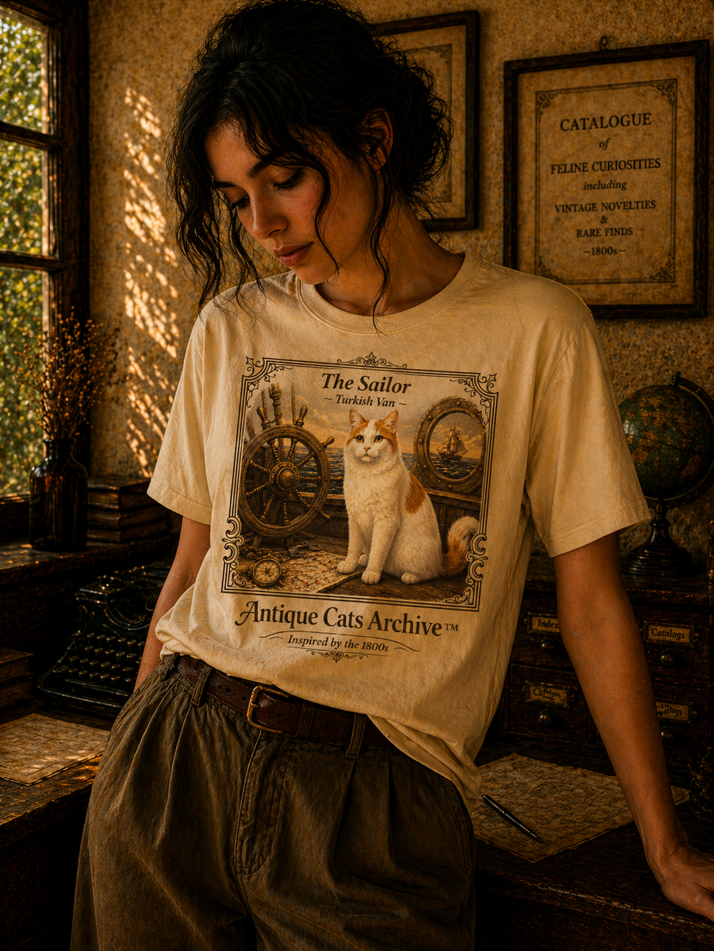 Antique Cats Archive™ Entry No. ACA-021-SAI “The Sailor” Turkish Van Cat T-Shirt – Vintage 1800s Engraving Style