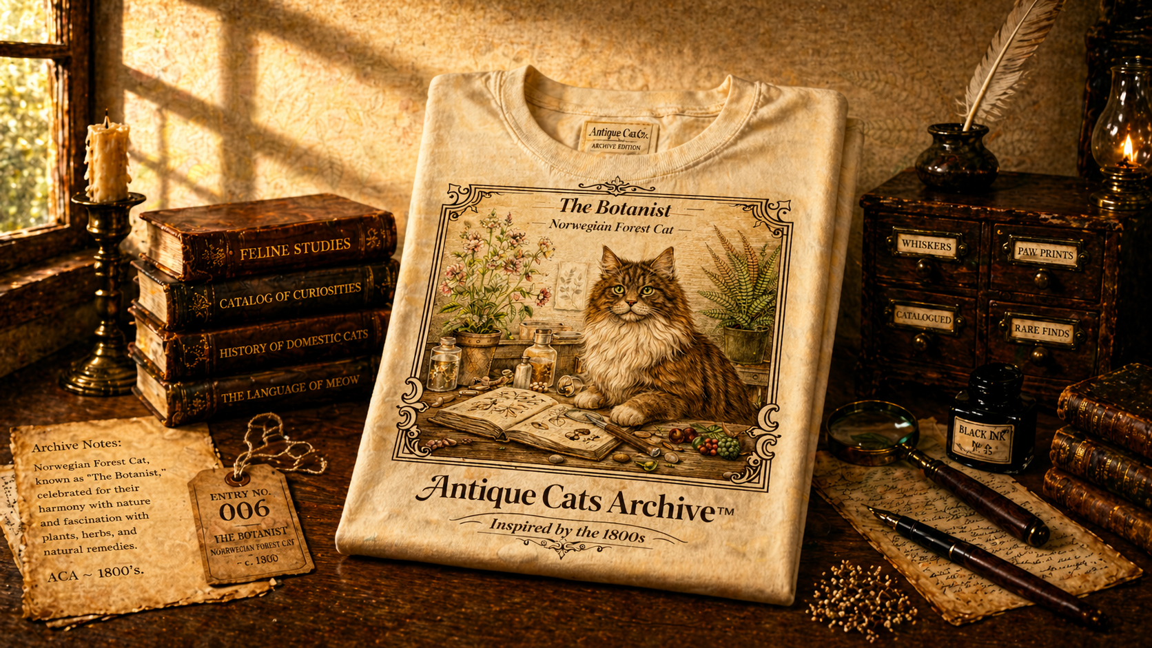 Antique Cats Archive™ Entry No. ACA-008-BOT “The Botanist” Norwegian Forest Cat T-Shirt – Vintage 1800s Engraving Style