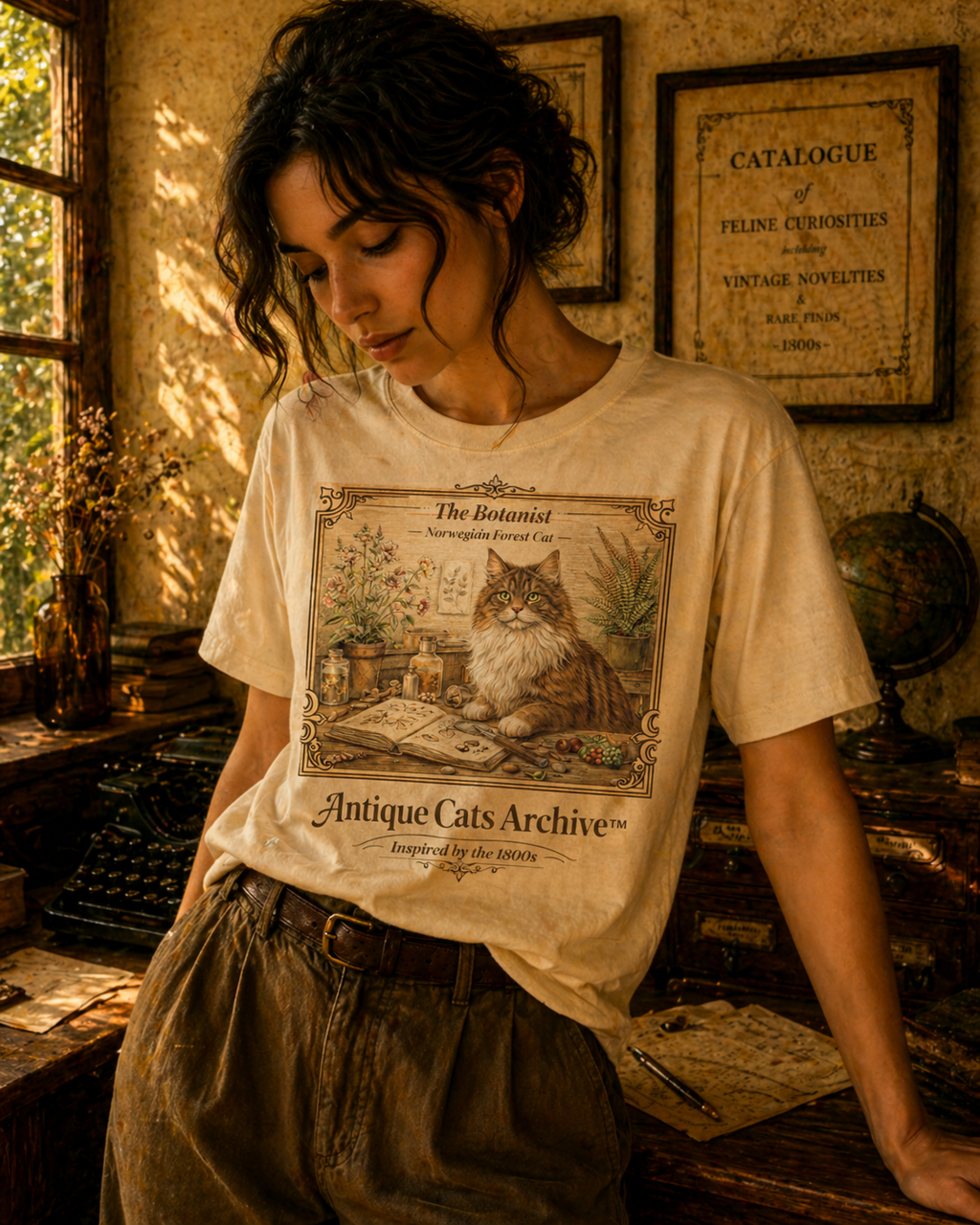 Antique Cats Archive™ Entry No. ACA-008-BOT “The Botanist” Norwegian Forest Cat T-Shirt – Vintage 1800s Engraving Style