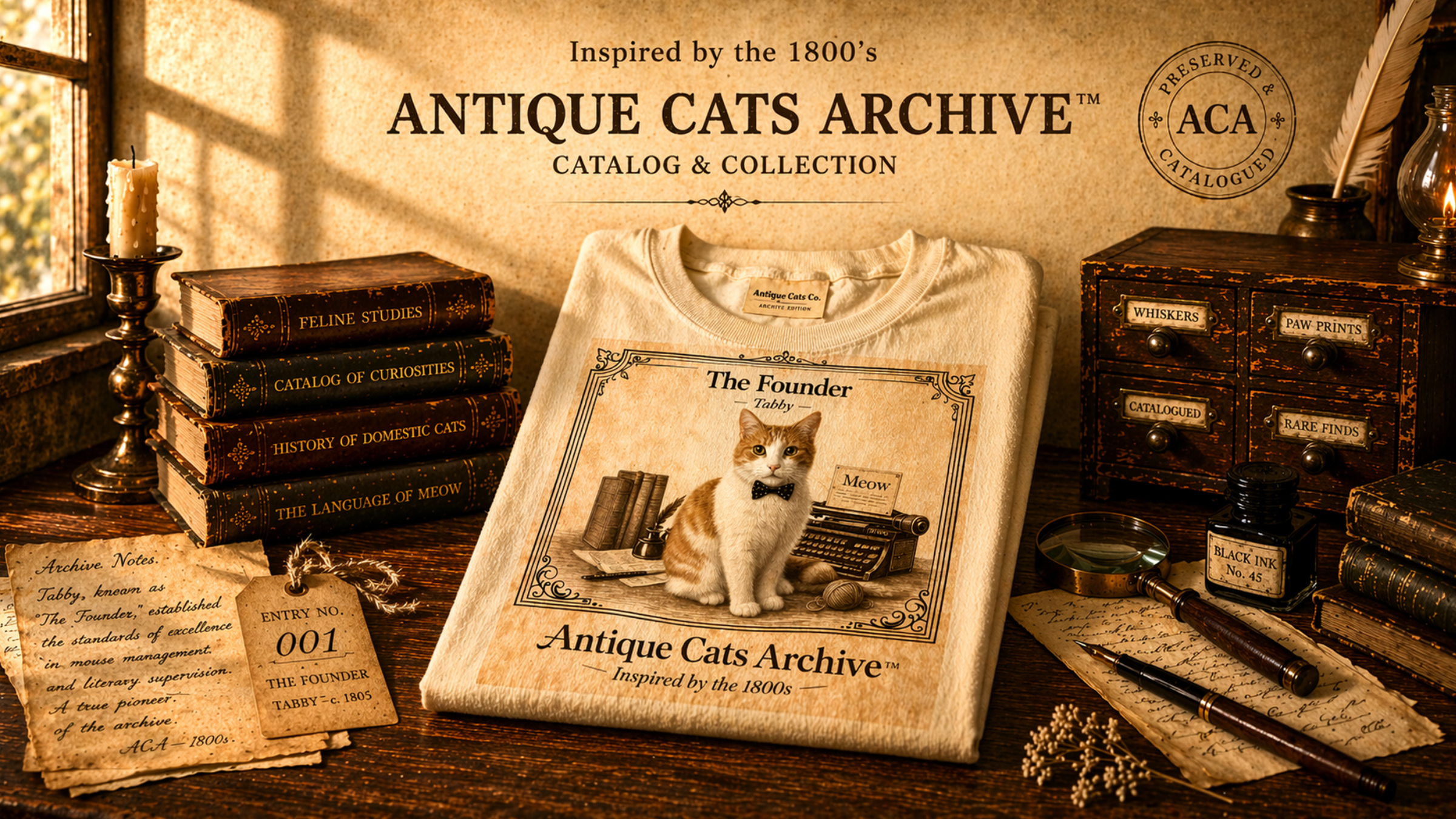 Antique Cats Archive™ Entry No. ACA-001-FND “The Founder” Tabby Cat T-Shirt – Vintage 1800s Engraving Style