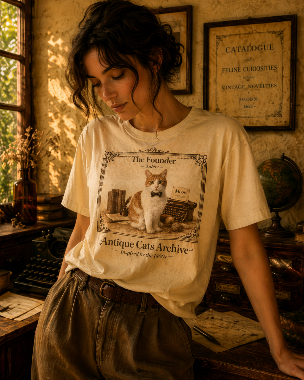Antique Cats Archive™ Entry No. ACA-001-FND “The Founder” Tabby Cat T-Shirt – Vintage 1800s Engraving Style