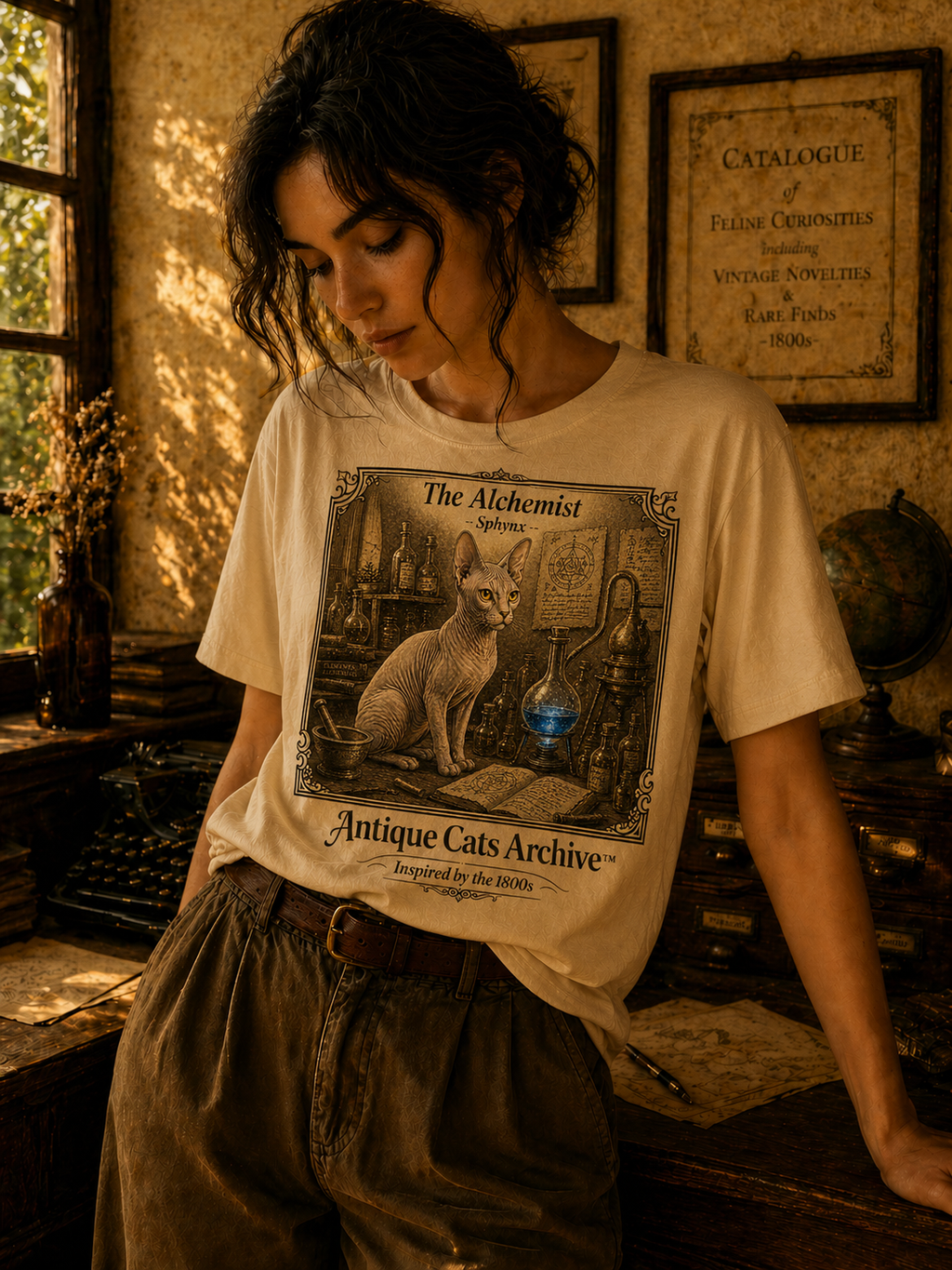Antique Cats Archive™ Entry No. ACA-002-ALC “The Alchemist” Sphynx Cat T-Shirt – Vintage 1800s Engraving Style